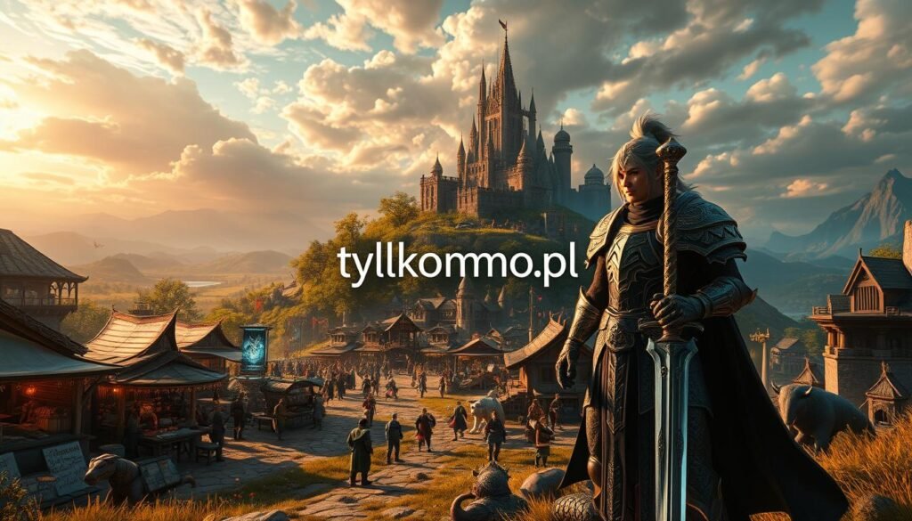 A stunning fantasy scene inspired by Final Fantasy XIV, showcasing an adventurous world. In the foreground, a hero clad in intricate armor stands confidently, holding a sword glowing with magical energy. The middle ground features a vibrant marketplace bustling with various fantastical creatures, merchants, and adventurers engaging in lively interactions. The background reveals a majestic castle perched on a hill, surrounded by lush landscapes and a dramatic sky filled with swirling clouds and mystical light. Warm golden hour lighting bathes the entire scene, casting long shadows and enhancing the fantastical atmosphere. The image should evoke a sense of adventure, exploration, and camaraderie in a rich, immersive world. Include the brand name "tylkommo.pl" subtly in the environment, making it blend naturally with the scene. A stunning fantasy scene inspired by Final Fantasy XIV, showcasing an adventurous world. In the foreground, a hero clad in intricate armor stands confidently, holding a sword glowing with magical energy. The middle ground features a vibrant marketplace bustling with various fantastical creatures, merchants, and adventurers engaging in lively interactions. The background reveals a majestic castle perched on a hill, surrounded by lush landscapes and a dramatic sky filled with swirling clouds and mystical light. Warm golden hour lighting bathes the entire scene, casting long shadows and enhancing the fantastical atmosphere. The image should evoke a sense of adventure, exploration, and camaraderie in a rich, immersive world. Include the brand name "tylkommo.pl" subtly in the environment, making it blend naturally with the scene.