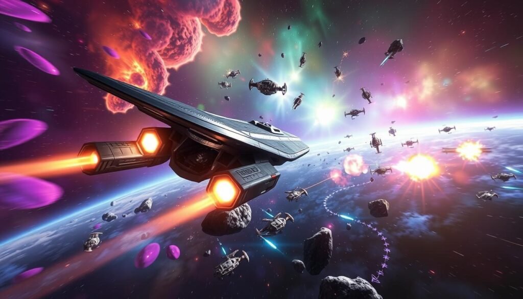 A stunning, vibrant depiction of a Star Trek Online universe scene showcasing a spaceship soaring through the depths of space, surrounded by colorful nebulae and distant stars. In the foreground, a sleek starship with intricate detailing and glowing engines is positioned dynamically, conveying motion. The middle ground features clusters of asteroids and other starships engaged in an epic space battle, with laser beams and explosions illuminating the scene. The background is filled with a rich tapestry of cosmic colors, emphasizing the vastness of space. Soft, ambient lighting enhances the futuristic ambiance, while a wide-angle perspective captures the complexity of this interstellar conflict. Overall, the image evokes a sense of adventure and wonder, inviting viewers into an active and thriving MMORPG world. Created for tylkommo.pl. A stunning, vibrant depiction of a Star Trek Online universe scene showcasing a spaceship soaring through the depths of space, surrounded by colorful nebulae and distant stars. In the foreground, a sleek starship with intricate detailing and glowing engines is positioned dynamically, conveying motion. The middle ground features clusters of asteroids and other starships engaged in an epic space battle, with laser beams and explosions illuminating the scene. The background is filled with a rich tapestry of cosmic colors, emphasizing the vastness of space. Soft, ambient lighting enhances the futuristic ambiance, while a wide-angle perspective captures the complexity of this interstellar conflict. Overall, the image evokes a sense of adventure and wonder, inviting viewers into an active and thriving MMORPG world. Created for tylkommo.pl.