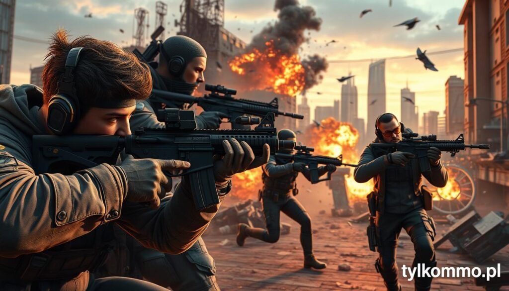 A tactical shooter scene displaying a diverse group of characters in action poses, featuring a mix of humans in professional tactical gear and modest casual clothing, using advanced weapons in a detailed, urban battlefield environment. The foreground includes a character aiming down sights, with a focused expression, while another character provides cover from behind cover, emphasizing teamwork. In the middle ground, dynamic explosions and debris create a sense of urgency. The background features a futuristic city skyline at dusk, cast in dramatic shadows with warm lighting. The atmosphere is tense yet strategic, capturing the essence of tactical gameplay blended with RPG elements. This image should reflect the vibrant intensity of tactical shooters, ideal for the article on beginners' MMO games, branded with "tylkommo.pl." A tactical shooter scene displaying a diverse group of characters in action poses, featuring a mix of humans in professional tactical gear and modest casual clothing, using advanced weapons in a detailed, urban battlefield environment. The foreground includes a character aiming down sights, with a focused expression, while another character provides cover from behind cover, emphasizing teamwork. In the middle ground, dynamic explosions and debris create a sense of urgency. The background features a futuristic city skyline at dusk, cast in dramatic shadows with warm lighting. The atmosphere is tense yet strategic, capturing the essence of tactical gameplay blended with RPG elements. This image should reflect the vibrant intensity of tactical shooters, ideal for the article on beginners' MMO games, branded with "tylkommo.pl."