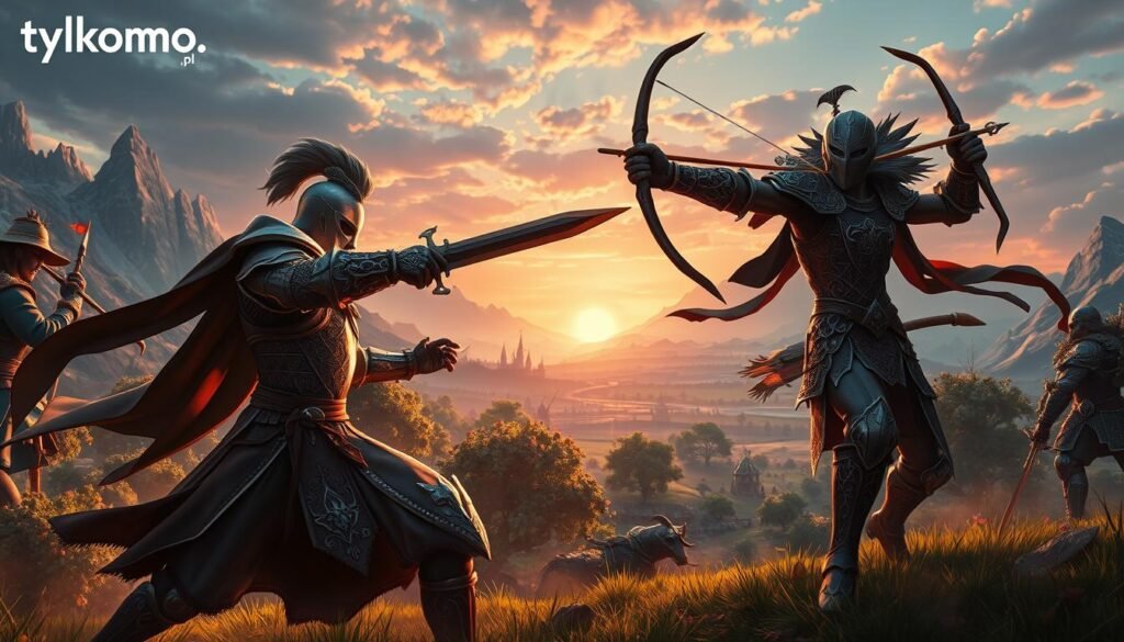 A thrilling depiction of medieval fantasy combat, showcasing warriors from two fictional MMORPGs, Black Desert and Throne and Liberty. In the foreground, a stylized knight clad in intricate armor engages in a dynamic sword duel with a skilled archer, each character embodying their respective game's style. The middle ground features a richly detailed battleground, with fantasy landscapes filled with lush greenery and ethereal lighting filtering through trees, creating a mystical atmosphere. The background reveals towering mountains and a vibrant sky at sunset, emphasizing the energy of battle. Use dramatic lighting to highlight the tension of the fight and focus on their expressions. Capture the essence of teamwork and competition in this epic struggle. Include the brand name "tylkommo.pl" subtly in the design, ensuring it doesn't distract from the scene. A thrilling depiction of medieval fantasy combat, showcasing warriors from two fictional MMORPGs, Black Desert and Throne and Liberty. In the foreground, a stylized knight clad in intricate armor engages in a dynamic sword duel with a skilled archer, each character embodying their respective game's style. The middle ground features a richly detailed battleground, with fantasy landscapes filled with lush greenery and ethereal lighting filtering through trees, creating a mystical atmosphere. The background reveals towering mountains and a vibrant sky at sunset, emphasizing the energy of battle. Use dramatic lighting to highlight the tension of the fight and focus on their expressions. Capture the essence of teamwork and competition in this epic struggle. Include the brand name "tylkommo.pl" subtly in the design, ensuring it doesn't distract from the scene.