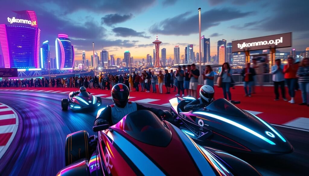 A thrilling multiplayer racing scene set on a vibrant futuristic racetrack, with sleek hover cars zooming past each other at high speeds. In the foreground, two racers, wearing stylish helmets and matching racing suits, lean intensely into their vehicles as they maneuver around sharp curves. The middle ground features a diverse crowd of enthusiastic spectators cheering from a viewpoint, capturing the energy of the dynamic competition. In the background, a dazzling city skyline illuminated by neon lights casts a colorful glow over the scene, with futuristic skyscrapers and billboards promoting “tylkommo.pl.” The atmosphere is electric, filled with the excitement of competition and camaraderie, under a twilight sky with dramatic lighting highlighting the action. A thrilling multiplayer racing scene set on a vibrant futuristic racetrack, with sleek hover cars zooming past each other at high speeds. In the foreground, two racers, wearing stylish helmets and matching racing suits, lean intensely into their vehicles as they maneuver around sharp curves. The middle ground features a diverse crowd of enthusiastic spectators cheering from a viewpoint, capturing the energy of the dynamic competition. In the background, a dazzling city skyline illuminated by neon lights casts a colorful glow over the scene, with futuristic skyscrapers and billboards promoting “tylkommo.pl.” The atmosphere is electric, filled with the excitement of competition and camaraderie, under a twilight sky with dramatic lighting highlighting the action.