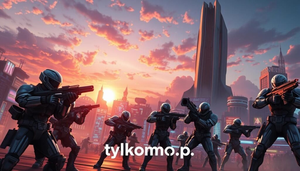 A vibrant and action-packed scene illustrating dynamic action games and MMO shooters. In the foreground, a diverse group of characters clad in sleek, futuristic armor, poised in a tactical formation, brandishing high-tech weapons. The middle ground features a bustling, colorful urban environment filled with neon lights and towering structures, evoking a sense of an active online world. In the background, a towering monolithic structure looms under a dramatic sunset sky, with clouds reflecting vibrant hues of orange and purple. The atmosphere is charged with excitement and intensity, hinting at ongoing battles. The lighting captures sharp contrasts with highlights on the characters and buildings. Use a wide-angle lens to enhance the depth of the scene, while maintaining a focus on the dynamic interplay of action. Include the brand name "tylkommo.pl" subtly within the scene as part of the environment, ensuring an immersive experience. A vibrant and action-packed scene illustrating dynamic action games and MMO shooters. In the foreground, a diverse group of characters clad in sleek, futuristic armor, poised in a tactical formation, brandishing high-tech weapons. The middle ground features a bustling, colorful urban environment filled with neon lights and towering structures, evoking a sense of an active online world. In the background, a towering monolithic structure looms under a dramatic sunset sky, with clouds reflecting vibrant hues of orange and purple. The atmosphere is charged with excitement and intensity, hinting at ongoing battles. The lighting captures sharp contrasts with highlights on the characters and buildings. Use a wide-angle lens to enhance the depth of the scene, while maintaining a focus on the dynamic interplay of action. Include the brand name "tylkommo.pl" subtly within the scene as part of the environment, ensuring an immersive experience.
