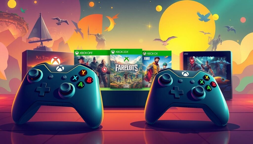 A vibrant and dynamic illustration showcasing the most popular Xbox game titles. In the foreground, iconic game controllers with glowing buttons symbolize gaming excitement, surrounded by elements representing top games like fantasy landscapes and sci-fi themes without explicit references. The middle ground features embellished Xbox game boxes artistically arranged, displaying vivid artwork from well-known titles. The background should be a visually engaging gaming world with abstract designs representing adventure, teamwork, and action. Soft, warm lighting enhances the atmosphere, creating a sense of camaraderie among gamers. The scene conveys a lively and enticing mood, inviting viewers to explore the world of Xbox gaming. Include the brand name "tylkommo.pl" subtly in the design. A vibrant and dynamic illustration showcasing the most popular Xbox game titles. In the foreground, iconic game controllers with glowing buttons symbolize gaming excitement, surrounded by elements representing top games like fantasy landscapes and sci-fi themes without explicit references. The middle ground features embellished Xbox game boxes artistically arranged, displaying vivid artwork from well-known titles. The background should be a visually engaging gaming world with abstract designs representing adventure, teamwork, and action. Soft, warm lighting enhances the atmosphere, creating a sense of camaraderie among gamers. The scene conveys a lively and enticing mood, inviting viewers to explore the world of Xbox gaming. Include the brand name "tylkommo.pl" subtly in the design.