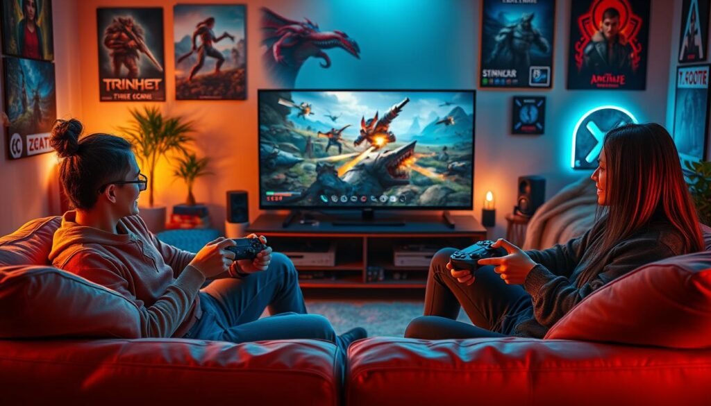A vibrant and dynamic scene depicting characters from a multiplayer online game (MMO) with first-person shooter elements. In the foreground, two diverse gamers are intensely focused on their console controllers, seated on a cozy couch, dressed in casual attire. The middle ground features a large TV displaying fast-paced gameplay, showcasing an action-packed landscape with fantastical creatures and futuristic weapons. In the background, a stylish gaming room adorned with posters of popular games and ambient LED lighting creates an engaging atmosphere. The lighting is warm and inviting, casting soft shadows to enhance the cozy feel. The overall mood is energetic and competitive, capturing the spirit of gaming on a couch. Include the brand name "tylkommo.pl" subtly in the scene, without dominating the image. A vibrant and dynamic scene depicting characters from a multiplayer online game (MMO) with first-person shooter elements. In the foreground, two diverse gamers are intensely focused on their console controllers, seated on a cozy couch, dressed in casual attire. The middle ground features a large TV displaying fast-paced gameplay, showcasing an action-packed landscape with fantastical creatures and futuristic weapons. In the background, a stylish gaming room adorned with posters of popular games and ambient LED lighting creates an engaging atmosphere. The lighting is warm and inviting, casting soft shadows to enhance the cozy feel. The overall mood is energetic and competitive, capturing the spirit of gaming on a couch. Include the brand name "tylkommo.pl" subtly in the scene, without dominating the image.
