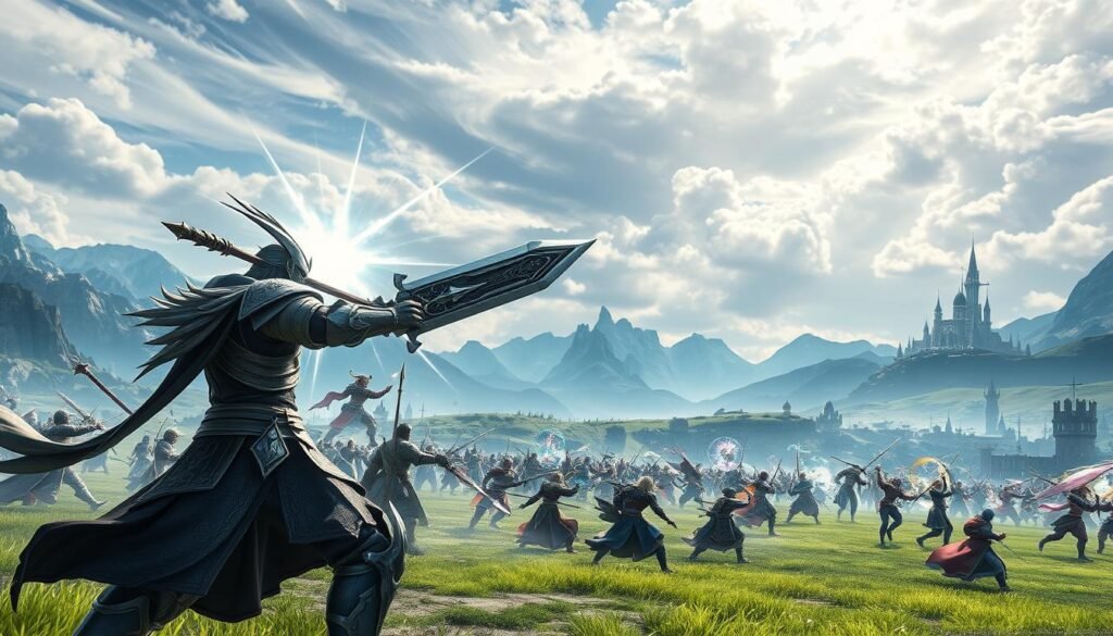 A vibrant and dynamic scene from a Final Fantasy XIV PvP battleground, showcasing a fierce battle between armored warriors and spellcasters. In the foreground, a heroic character clad in ornate armor wields a massive sword, poised for action, while a spellcaster behind casts a dazzling spell, illuminating the scene with magical light. The middle ground features chaotic skirmishes with diverse characters in colorful outfits engaged in combat, highlighting their unique classes. The background reveals an expansive, fantastical landscape with towering mountains and a distant castle under a dramatic sky filled with swirling clouds. Soft, ethereal lighting bathes the scene, enhancing its enchanting atmosphere. The composition should evoke excitement and competition, embodying the essence of traditional MMO rivalry. Brand name: tylkommo.pl. A vibrant and dynamic scene from a Final Fantasy XIV PvP battleground, showcasing a fierce battle between armored warriors and spellcasters. In the foreground, a heroic character clad in ornate armor wields a massive sword, poised for action, while a spellcaster behind casts a dazzling spell, illuminating the scene with magical light. The middle ground features chaotic skirmishes with diverse characters in colorful outfits engaged in combat, highlighting their unique classes. The background reveals an expansive, fantastical landscape with towering mountains and a distant castle under a dramatic sky filled with swirling clouds. Soft, ethereal lighting bathes the scene, enhancing its enchanting atmosphere. The composition should evoke excitement and competition, embodying the essence of traditional MMO rivalry. Brand name: tylkommo.pl.