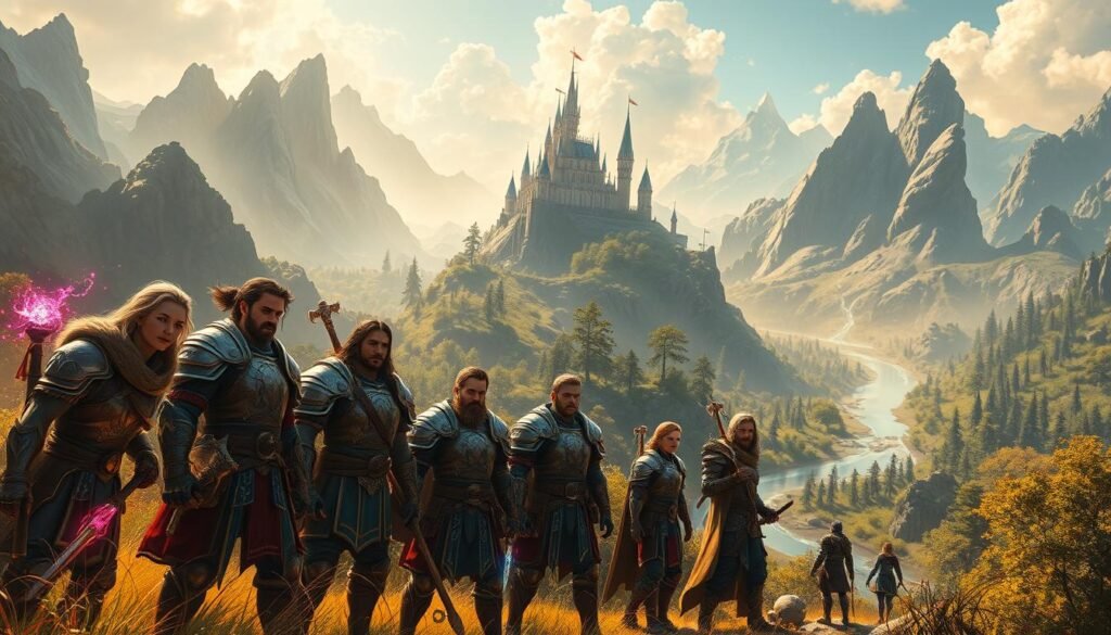 A vibrant and dynamic scene from a fantastical world inspired by MMORPGs, featuring a lush, sprawling landscape filled with towering mountains and ancient ruins in the background. In the foreground, a diverse group of heroic characters, dressed in intricately designed armor, stands ready for adventure, their expressions determined yet excited. Magical spells and glowing artifacts add a sense of wonder and energy around them. The middle ground features a majestic castle looming on a hill, surrounded by a shimmering river and enchanted forests, all under a bright, ethereal sky casting warm, golden light. The atmosphere is one of camaraderie and epic quests, truly capturing the essence of adventure in a massive online universe. Rendered in high detail, with a wide-angle perspective to enhance the scale, without any text or watermarks. Tylkommo.pl.