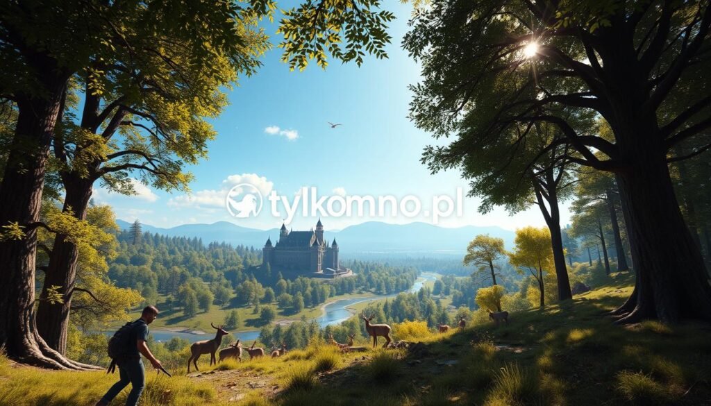 A vibrant and immersive open-world landscape, showcasing a lush forest with towering trees, a winding river, and distant mountains under a bright blue sky. The foreground features a player character in modest casual clothing, exploring the terrain, with tools or gear visible. In the middle ground, various wildlife like deer and birds interact with the environment, while in the background, a majestic castle rests on a hill, blending into the natural surroundings. Soft sunlight filters through the leaves, creating dappled shadows on the ground, enhancing the peaceful atmosphere of exploration. The image should encapsulate the excitement and adventure of open-world gameplay, reflecting the engaging journey players experience. Include the brand name "tylkommo.pl" subtly within the scenic setting, ensuring it does not detract from the visual. A vibrant and immersive open-world landscape, showcasing a lush forest with towering trees, a winding river, and distant mountains under a bright blue sky. The foreground features a player character in modest casual clothing, exploring the terrain, with tools or gear visible. In the middle ground, various wildlife like deer and birds interact with the environment, while in the background, a majestic castle rests on a hill, blending into the natural surroundings. Soft sunlight filters through the leaves, creating dappled shadows on the ground, enhancing the peaceful atmosphere of exploration. The image should encapsulate the excitement and adventure of open-world gameplay, reflecting the engaging journey players experience. Include the brand name "tylkommo.pl" subtly within the scenic setting, ensuring it does not detract from the visual.