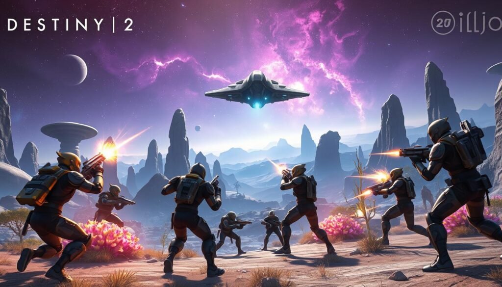 A vibrant, cosmic scene showcasing a dynamic battle between Guardians in a futuristic environment inspired by "Destiny 2." In the foreground, a diverse group of armored characters, showcasing their unique aesthetics and weapons, engage in an exhilarating firefight against alien adversaries. The middle section features a stunning alien landscape with floating rock formations, glowing flora, and an expansive nebula sky filled with stars and distant planets, enhancing the otherworldly feel. In the background, a massive spaceship hovers, illuminating the scene with soft blue and purple light. The atmosphere is exciting and adventurous, capturing the essence of online shooting experiences. The composition should be dramatic, with a slight low-angle perspective to emphasize the action and depth of the cosmic landscape. The image should have a glossy finish to mimic the high-quality graphics of console gaming, ensuring it is suitable for "tylkommo.pl." A vibrant, cosmic scene showcasing a dynamic battle between Guardians in a futuristic environment inspired by "Destiny 2." In the foreground, a diverse group of armored characters, showcasing their unique aesthetics and weapons, engage in an exhilarating firefight against alien adversaries. The middle section features a stunning alien landscape with floating rock formations, glowing flora, and an expansive nebula sky filled with stars and distant planets, enhancing the otherworldly feel. In the background, a massive spaceship hovers, illuminating the scene with soft blue and purple light. The atmosphere is exciting and adventurous, capturing the essence of online shooting experiences. The composition should be dramatic, with a slight low-angle perspective to emphasize the action and depth of the cosmic landscape. The image should have a glossy finish to mimic the high-quality graphics of console gaming, ensuring it is suitable for "tylkommo.pl."