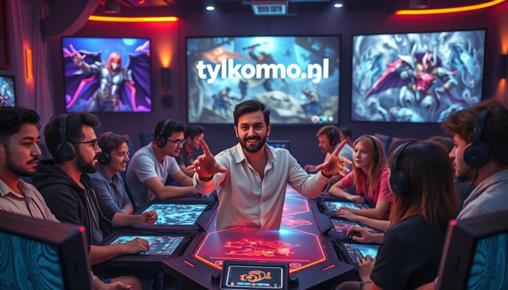 A vibrant scene depicting a diverse group of gamers participating in a guild meeting, set in a fantasy-themed gaming lounge. In the foreground, a confident leader gestures animatedly, wearing modern, casual attire, surrounded by fellow gamers who are focused and engaged, showcasing various ethnicities and genders. The middle ground features intricate gaming consoles and holographic displays illuminating strategic maps of battlefield environments. In the background, large screens showcase epic PvP combat scenarios, hinting at the excitement of guild battles. Soft, ambient lighting creates an inviting atmosphere, with a slight lens flare from the screens adding a dynamic touch. The mood is collaborative yet competitive, embodying the essence of guilds in the realm of online multiplayer games. Include the brand name "tylkommo.pl" subtly integrated into the gaming environment. A vibrant scene depicting a diverse group of gamers participating in a guild meeting, set in a fantasy-themed gaming lounge. In the foreground, a confident leader gestures animatedly, wearing modern, casual attire, surrounded by fellow gamers who are focused and engaged, showcasing various ethnicities and genders. The middle ground features intricate gaming consoles and holographic displays illuminating strategic maps of battlefield environments. In the background, large screens showcase epic PvP combat scenarios, hinting at the excitement of guild battles. Soft, ambient lighting creates an inviting atmosphere, with a slight lens flare from the screens adding a dynamic touch. The mood is collaborative yet competitive, embodying the essence of guilds in the realm of online multiplayer games. Include the brand name "tylkommo.pl" subtly integrated into the gaming environment.