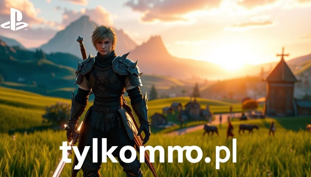 A vibrant scene depicting a gameplay moment from Final Fantasy XIV on a PlayStation 5 console. In the foreground, a well-dressed male character equipped with intricate armor stands confidently, wielding a glowing sword. Behind him, a stunning digital landscape unfolds, showcasing lush green fields and majestic mountains, infused with magical elements. The middle-ground features animated NPCs interacting in a lively village, emphasizing community. The background is bathed in a warm, golden sunset, casting dynamic shadows and creating a magical atmosphere. The scene captures the excitement and technical strengths of gaming on the PlayStation 5. Soft lighting enhances the colors, and a slight depth of field blurs the farthest details, focusing on the action. The image is branded with "tylkommo.pl" subtly integrated into the scenery without detracting from the main focus. A vibrant scene depicting a gameplay moment from Final Fantasy XIV on a PlayStation 5 console. In the foreground, a well-dressed male character equipped with intricate armor stands confidently, wielding a glowing sword. Behind him, a stunning digital landscape unfolds, showcasing lush green fields and majestic mountains, infused with magical elements. The middle-ground features animated NPCs interacting in a lively village, emphasizing community. The background is bathed in a warm, golden sunset, casting dynamic shadows and creating a magical atmosphere. The scene captures the excitement and technical strengths of gaming on the PlayStation 5. Soft lighting enhances the colors, and a slight depth of field blurs the farthest details, focusing on the action. The image is branded with "tylkommo.pl" subtly integrated into the scenery without detracting from the main focus.