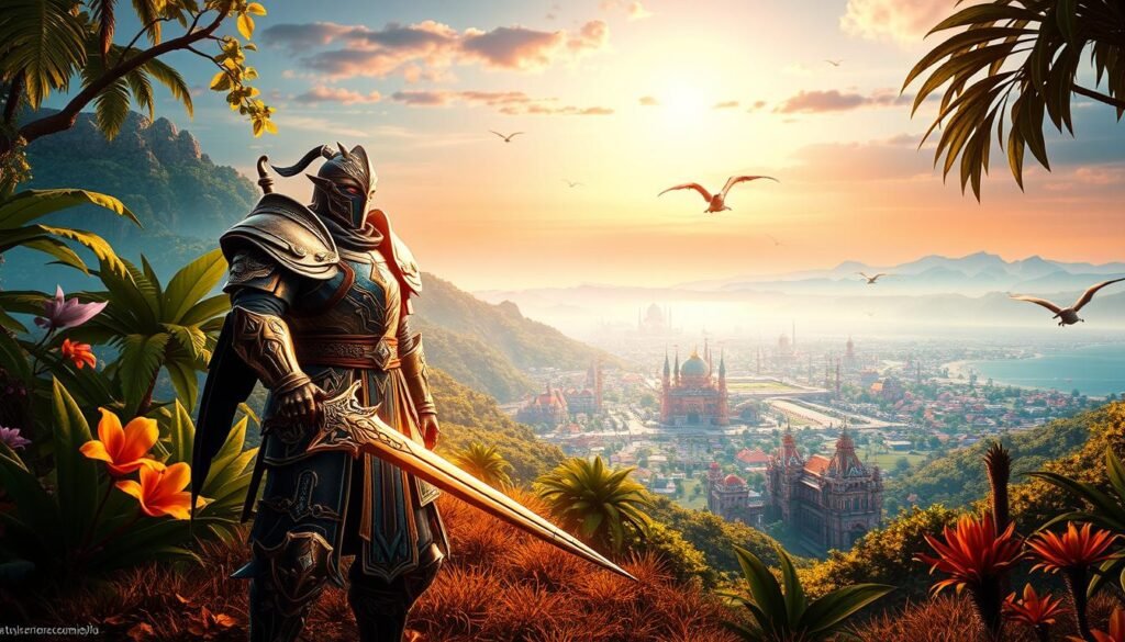 A vibrant scene depicting the world of Final Fantasy XIV's "Dawntrail" expansion, set at dawn. In the foreground, a majestic armored warrior stands confidently, dressed in ornate gold and blue armor, wielding a shimmering sword. Behind them, lush tropical landscapes unfold, featuring vibrant green foliage and exotic flowers bathed in the soft, golden light of early morning. In the middle ground, a sprawling cityscape peppered with colorful buildings and magical elements reveals the bustling activity of adventurers preparing for quests. The background showcases distant mountains under a pastel sky transitioning from night to day, creating a peaceful yet adventurous mood. The lighting is warm and ethereal, casting gentle shadows. The composition should convey a sense of discovery and wonder, perfect for illustrating new challenges and experiences in the game. Include the brand name "tylkommo.pl". A vibrant scene depicting the world of Final Fantasy XIV's "Dawntrail" expansion, set at dawn. In the foreground, a majestic armored warrior stands confidently, dressed in ornate gold and blue armor, wielding a shimmering sword. Behind them, lush tropical landscapes unfold, featuring vibrant green foliage and exotic flowers bathed in the soft, golden light of early morning. In the middle ground, a sprawling cityscape peppered with colorful buildings and magical elements reveals the bustling activity of adventurers preparing for quests. The background showcases distant mountains under a pastel sky transitioning from night to day, creating a peaceful yet adventurous mood. The lighting is warm and ethereal, casting gentle shadows. The composition should convey a sense of discovery and wonder, perfect for illustrating new challenges and experiences in the game. Include the brand name "tylkommo.pl".