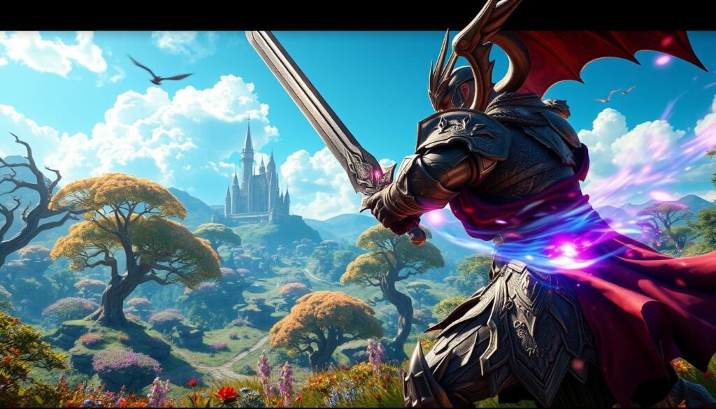 A vibrant scene from "Black Desert Online," featuring a dynamic battle between a fearsome warrior in elaborate armor and a mythical creature in a lush, enchanted forest setting. In the foreground, the warrior wields a gleaming sword, showcasing intricate details of the armor, with energy radiating from the blade. The middle ground reveals a diverse landscape filled with ancient trees, colorful flora, and magical lights to emphasize the game's fantasy elements. In the background, a distant castle looms under a bright blue sky, with fluffy clouds drifting lazily. The lighting is dramatic, highlighting the intensity of the combat while casting long shadows, capturing the game's immersive atmosphere. The image should evoke excitement and adventure, fitting for fans of dynamic gameplay. Include the brand name "tylkommo.pl" subtly integrated into the scenery.