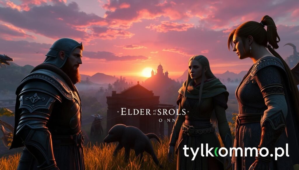 A vibrant scene from "The Elder Scrolls Online," showcasing a diverse group of adventurers engaged in a collaborative quest. In the foreground, two characters—a Nord warrior clad in armor and a Breton mage in elegant robes—discuss strategies, their expressions determined and focused. The middle ground features lush, mystical landscapes with ancient ruins and fantastical creatures, hinting at the rich lore of Tamriel. The background reveals a stunning sunset casting warm hues across the sky, adding a magical glow to the entire scene. The lighting is soft yet vibrant, creating an atmosphere of camaraderie and adventure. The image reflects the essence of community in MMORPGs, ideal for illustrating player collaboration, all while maintaining a professional and respectful tone. The brand "tylkommo.pl" subtly blends into the natural elements of the scene. A vibrant scene from "The Elder Scrolls Online," showcasing a diverse group of adventurers engaged in a collaborative quest. In the foreground, two characters—a Nord warrior clad in armor and a Breton mage in elegant robes—discuss strategies, their expressions determined and focused. The middle ground features lush, mystical landscapes with ancient ruins and fantastical creatures, hinting at the rich lore of Tamriel. The background reveals a stunning sunset casting warm hues across the sky, adding a magical glow to the entire scene. The lighting is soft yet vibrant, creating an atmosphere of camaraderie and adventure. The image reflects the essence of community in MMORPGs, ideal for illustrating player collaboration, all while maintaining a professional and respectful tone. The brand "tylkommo.pl" subtly blends into the natural elements of the scene.