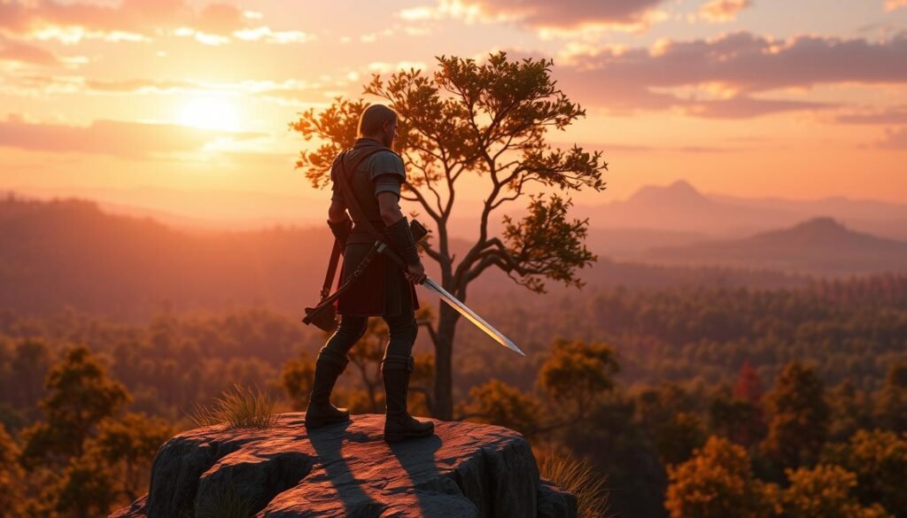 A vibrant scene from the game "Guild Wars" depicts a solo player character, a skilled warrior in modest armor, standing confidently on a cliff overlooking a sprawling fantasy landscape filled with lush forests and distant mountains. The character is wielding a glowing sword, symbolizing their strength and independence. In the background, a captivating sunset bathes the sky in warm hues of orange and purple, creating a calming atmosphere. Light filters through the trees, casting delicate shadows on the ground. The focus is soft, giving a dreamy quality to the scenery while showcasing the character sharp in the foreground. The entire scene embodies a sense of adventure and solitude, highlighting the essence of solo gameplay in an expansive online world. The image should be iconic and appealing, representing "tylkommo.pl."