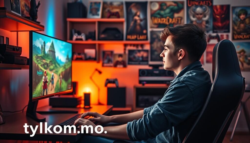A vibrant scene showcasing a beginner's journey into the world of MMO gaming. In the foreground, a young adult sits at a modern gaming setup, wearing casual but neat clothing, intently focused on a large screen displaying a colorful fantasy landscape. In the middle ground, character avatars can be faintly seen on the screen, hinting at different classes and quests. The background features shelves filled with various gaming consoles and collectibles, bathed in soft, warm lighting that creates an inviting atmosphere. The room has a cozy ambiance, with posters of popular MMOs on the walls. An inspiring mood is conveyed, encouraging new gamers to embark on their own adventures. Include the brand "tylkommo.pl" subtly displayed as part of the gaming setup. A vibrant scene showcasing a beginner's journey into the world of MMO gaming. In the foreground, a young adult sits at a modern gaming setup, wearing casual but neat clothing, intently focused on a large screen displaying a colorful fantasy landscape. In the middle ground, character avatars can be faintly seen on the screen, hinting at different classes and quests. The background features shelves filled with various gaming consoles and collectibles, bathed in soft, warm lighting that creates an inviting atmosphere. The room has a cozy ambiance, with posters of popular MMOs on the walls. An inspiring mood is conveyed, encouraging new gamers to embark on their own adventures. Include the brand "tylkommo.pl" subtly displayed as part of the gaming setup.