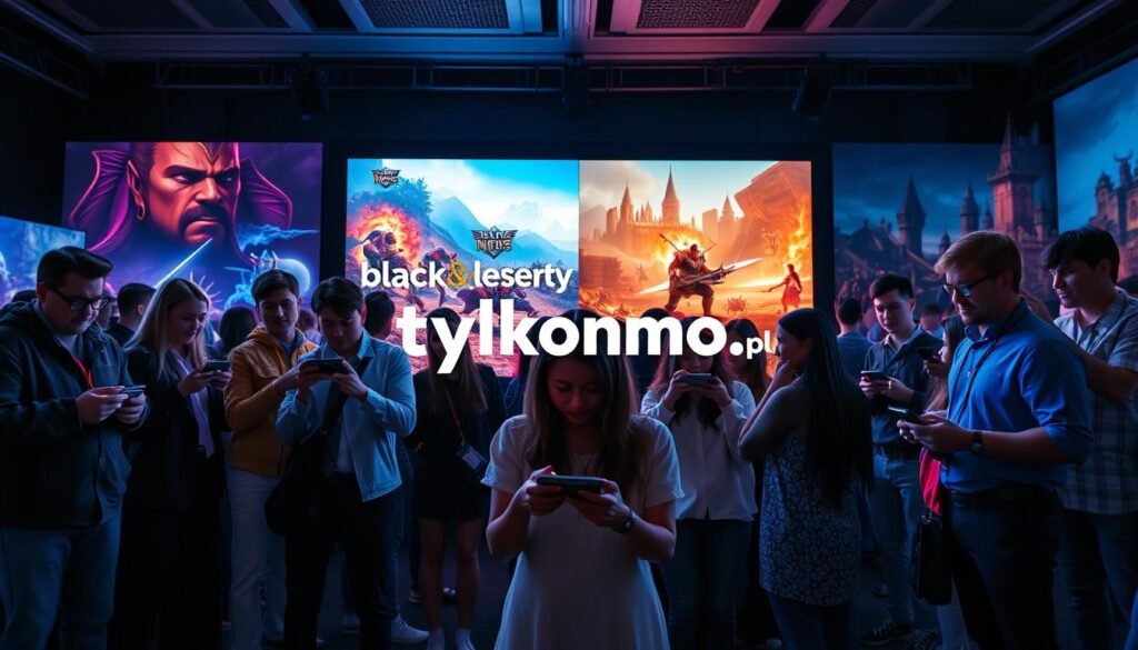 A visually captivating scene representing the diverse audience for MMORPGs, specifically "Black Desert" and "Throne and Liberty." In the foreground, a diverse group of gamers in professional and casual clothing, engaged and focused on their gaming devices. They represent different ages and backgrounds, showcasing excitement and camaraderie. In the middle ground, a large screen displays vibrant, action-packed gameplay scenes from both games, emphasizing their contrasts. The background features a stylized digital landscape inspired by both titles, merging fantasy and adventure elements. Use dramatic, high-contrast lighting to create an engaging atmosphere, with a slight blur from a shallow depth of field focusing on the gamers. Capture the essence of community and shared experience. Incorporate the brand name "tylkommo.pl" subtly within the scene without text overlays. A visually captivating scene representing the diverse audience for MMORPGs, specifically "Black Desert" and "Throne and Liberty." In the foreground, a diverse group of gamers in professional and casual clothing, engaged and focused on their gaming devices. They represent different ages and backgrounds, showcasing excitement and camaraderie. In the middle ground, a large screen displays vibrant, action-packed gameplay scenes from both games, emphasizing their contrasts. The background features a stylized digital landscape inspired by both titles, merging fantasy and adventure elements. Use dramatic, high-contrast lighting to create an engaging atmosphere, with a slight blur from a shallow depth of field focusing on the gamers. Capture the essence of community and shared experience. Incorporate the brand name "tylkommo.pl" subtly within the scene without text overlays.