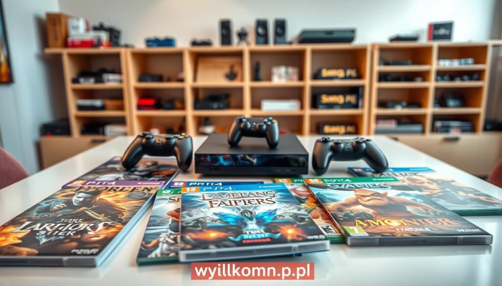 A vivid and engaging image centered around the theme of "wybór gier" for video game consoles, showcasing a selection of diverse MMO game covers laid out on a sleek, modern table. In the foreground, colorful game covers feature eye-catching art and titles, representing a range of genres such as fantasy, sci-fi, and adventure. The middle ground highlights a stylish gaming console with controllers, hinting at a cozy gaming setup. In the background, softly blurred shelves filled with various gaming accessories create a warm atmosphere. The lighting is bright and inviting, mimicking a well-lit home gaming space, with a focus on the games, inviting viewers to explore their options. This image reflects a tailored choice for players seeking games without monthly subscriptions, branded with "tylkommo.pl".
