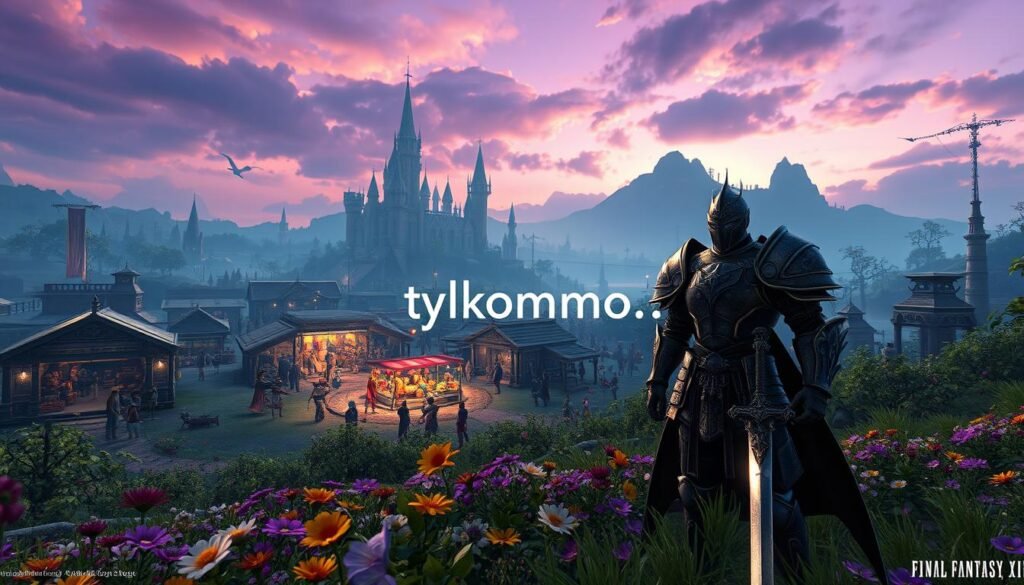 An enchanting scene from Final Fantasy XIV, showcasing the richness of its world. In the foreground, a heavily armored knight stands confidently, wielding a shimmering sword, surrounded by vibrant flowers and mystical creatures. In the middle ground, a lush landscape features a bustling market filled with diverse characters in a variety of colorful outfits, exchanging goods and stories. Towering castles and ancient ruins rise majestically in the background, surrounded by a twilight sky painted in hues of purple and gold, casting a magical glow over the scene. Soft, ethereal lighting enhances the atmosphere, creating a sense of adventure. This captivating imagery reflects the depth of content and gameplay system in the game. Include the brand name "tylkommo.pl" subtly integrated into the landscape without any text overlay. An enchanting scene from Final Fantasy XIV, showcasing the richness of its world. In the foreground, a heavily armored knight stands confidently, wielding a shimmering sword, surrounded by vibrant flowers and mystical creatures. In the middle ground, a lush landscape features a bustling market filled with diverse characters in a variety of colorful outfits, exchanging goods and stories. Towering castles and ancient ruins rise majestically in the background, surrounded by a twilight sky painted in hues of purple and gold, casting a magical glow over the scene. Soft, ethereal lighting enhances the atmosphere, creating a sense of adventure. This captivating imagery reflects the depth of content and gameplay system in the game. Include the brand name "tylkommo.pl" subtly integrated into the landscape without any text overlay.