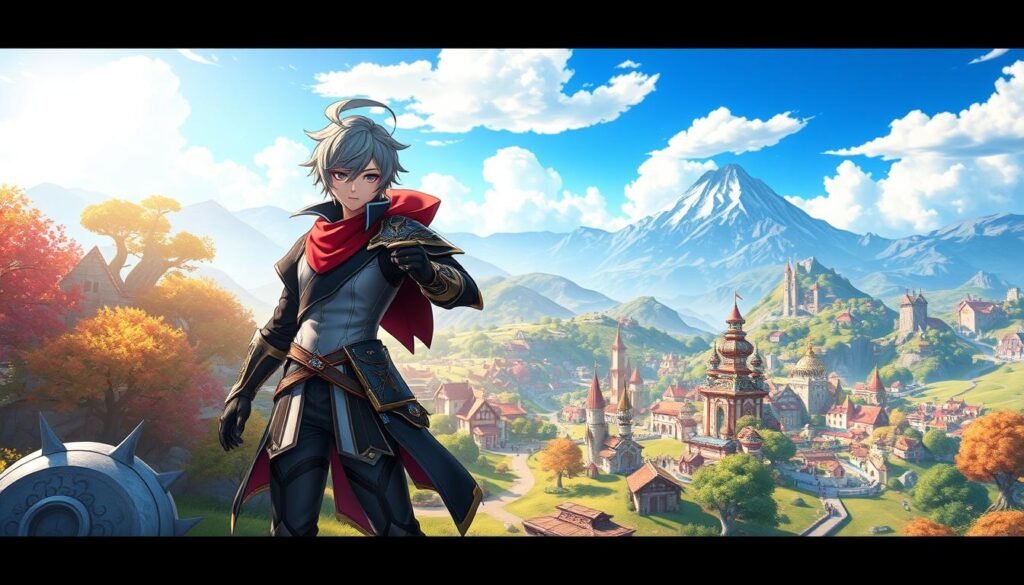 Genshin Impact character standing heroically in a lush, vibrant landscape, reminiscent of the game's fantasy world. In the foreground, the character, dressed in stylish, modern cosplay attire, showcases intricate details and a confident pose. The middle ground features a colorful, sprawling town with whimsical architecture and NPCs going about their daily tasks. The background includes majestic mountains under a bright blue sky with soft, fluffy clouds, enhancing the epic sense of scale. The lighting is warm and inviting, casting gentle shadows and highlighting the character's features. The atmosphere is lively and adventurous, capturing the essence of exploration in an MMORPG. This imaginative scene, designed for tylkommo.pl, reflects the engaging and expansive nature of Genshin Impact.