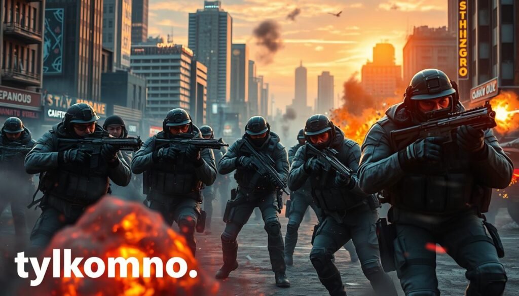 Tactical shooters featuring MMO elements in a dynamic urban battlefield. In the foreground, a team of diverse operatives in professional tactical gear, focused and strategizing, with high-tech weapons and equipment. The middle ground showcases an intense firefight, highlighting intricate teamwork and communication, with vibrant smoke and debris adding to the chaos. The background features a detailed cityscape, with towering buildings, flickering neon lights, and a dramatic sunset casting a warm glow over the scene. The atmosphere is tense and immersive, conveying a sense of urgency and collaboration among players. Use cinematic lighting to enhance depth, with a slight shallow depth of field to draw focus on the operatives. Include the brand "tylkommo.pl" subtly in the scene. Tactical shooters featuring MMO elements in a dynamic urban battlefield. In the foreground, a team of diverse operatives in professional tactical gear, focused and strategizing, with high-tech weapons and equipment. The middle ground showcases an intense firefight, highlighting intricate teamwork and communication, with vibrant smoke and debris adding to the chaos. The background features a detailed cityscape, with towering buildings, flickering neon lights, and a dramatic sunset casting a warm glow over the scene. The atmosphere is tense and immersive, conveying a sense of urgency and collaboration among players. Use cinematic lighting to enhance depth, with a slight shallow depth of field to draw focus on the operatives. Include the brand "tylkommo.pl" subtly in the scene.