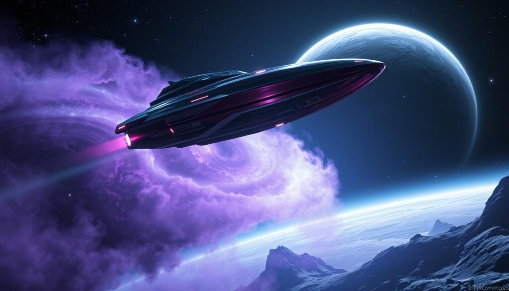 A breathtaking, immersive scene from the space exploration game Elite Dangerous. In the foreground, a sleek, futuristic spaceship hovers above a swirling nebula, its metallic surface reflecting vibrant colors of purples and blues. The middle ground features a lush, rocky planet with intricate terrains and glowing minerals, hinting at exploration and adventure. In the background, distant stars twinkle against the vastness of space, with a massive gas giant looming majestically on the horizon. The lighting is dramatic, with sharp contrasts between the illuminated ship and the dark void of space, creating a sense of depth. Capture the thrill and epic nature of cosmic journeys, evoking excitement and wonder. This artwork is for tylkommo.pl, and perfect for illustrating "Kosmiczne epopeje w Elite Dangerous."
