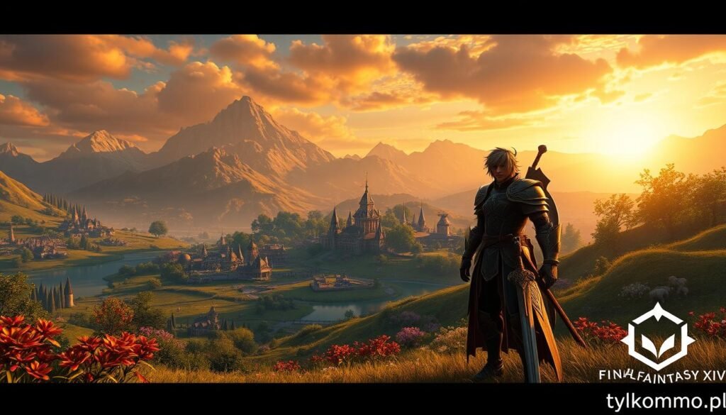 A breathtaking landscape from the game "Final Fantasy XIV," showcasing a vibrant fantasy world filled with lush greenery and majestic mountains in the background. In the foreground, a heroic character clad in elaborate armor, wielding a sword, stands confidently. The middle ground features a bustling village with ethereal buildings, vibrant flowers, and NPCs engaged in daily activities. The lighting is warm and golden, reminiscent of a sunset, casting a magical glow over the scene. Use a wide-angle lens to capture the expansive environment, evoking a sense of adventure and wonder. The atmosphere is immersive, inviting viewers into a rich narrative. Include the logo or branding for "tylkommo.pl" subtly in the corner to maintain focus on the artwork while keeping it professional. A breathtaking landscape from the game "Final Fantasy XIV," showcasing a vibrant fantasy world filled with lush greenery and majestic mountains in the background. In the foreground, a heroic character clad in elaborate armor, wielding a sword, stands confidently. The middle ground features a bustling village with ethereal buildings, vibrant flowers, and NPCs engaged in daily activities. The lighting is warm and golden, reminiscent of a sunset, casting a magical glow over the scene. Use a wide-angle lens to capture the expansive environment, evoking a sense of adventure and wonder. The atmosphere is immersive, inviting viewers into a rich narrative. Include the logo or branding for "tylkommo.pl" subtly in the corner to maintain focus on the artwork while keeping it professional.