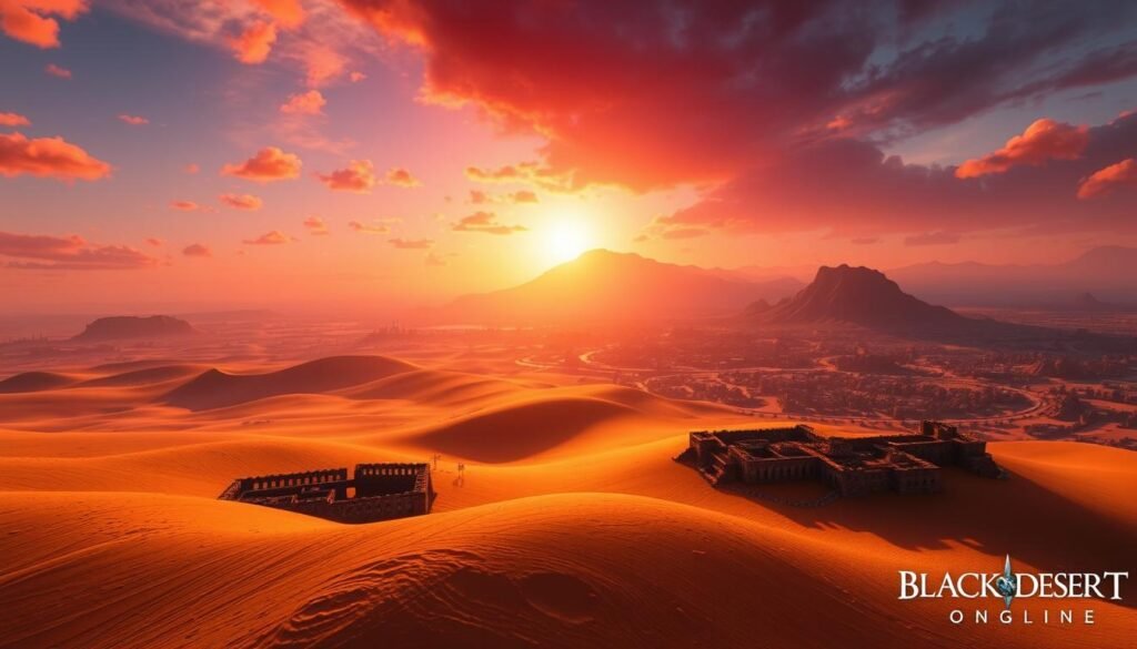 A breathtaking landscape from the world of Black Desert Online, showcasing a vast, rolling desert under a vibrant sunset sky. In the foreground, intricately designed ruins of an ancient civilization, half-buried in golden sand, creating a striking contrast against the deep, fiery hues of the sunset. The middle ground features a majestic mountain range, casting long shadows and reflecting the glow of the sky. In the background, a sprawling oasis with lush greenery and crystalline waters, hinting at the life that thrives in this harsh environment. The atmosphere is enchanting and immersive, evoking a sense of adventure and wonder. The lighting is warm and dramatic, enhancing the textures of the sand and the colors of the sky, resembling a high-quality video game screenshot. Captured from a low angle to emphasize the vastness of the scene. Designed for tylkommo.pl. A breathtaking landscape from the world of Black Desert Online, showcasing a vast, rolling desert under a vibrant sunset sky. In the foreground, intricately designed ruins of an ancient civilization, half-buried in golden sand, creating a striking contrast against the deep, fiery hues of the sunset. The middle ground features a majestic mountain range, casting long shadows and reflecting the glow of the sky. In the background, a sprawling oasis with lush greenery and crystalline waters, hinting at the life that thrives in this harsh environment. The atmosphere is enchanting and immersive, evoking a sense of adventure and wonder. The lighting is warm and dramatic, enhancing the textures of the sand and the colors of the sky, resembling a high-quality video game screenshot. Captured from a low angle to emphasize the vastness of the scene. Designed for tylkommo.pl.