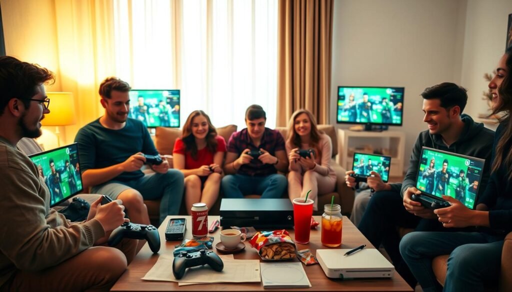 A bright, inviting living room setting serves as the backdrop for a group of diverse friends, each focused on their Xbox One consoles, displaying various game characters on the screens. In the foreground, one friend is adjusting their Xbox account settings, surrounded by snacks and drinks, illustrating the preparation for multiplayer gaming. Soft, warm lighting highlights the excitement and camaraderie among them. The middle layer features a coffee table cluttered with game controllers and strategy notes, emphasizing teamwork. The cozy atmosphere is enhanced by warm tones, creating a sense of anticipation for collaborative gameplay. This image effectively encapsulates the theme of preparing for group gaming experiences, resonating with the essence of "tylkommo.pl". A bright, inviting living room setting serves as the backdrop for a group of diverse friends, each focused on their Xbox One consoles, displaying various game characters on the screens. In the foreground, one friend is adjusting their Xbox account settings, surrounded by snacks and drinks, illustrating the preparation for multiplayer gaming. Soft, warm lighting highlights the excitement and camaraderie among them. The middle layer features a coffee table cluttered with game controllers and strategy notes, emphasizing teamwork. The cozy atmosphere is enhanced by warm tones, creating a sense of anticipation for collaborative gameplay. This image effectively encapsulates the theme of preparing for group gaming experiences, resonating with the essence of "tylkommo.pl".