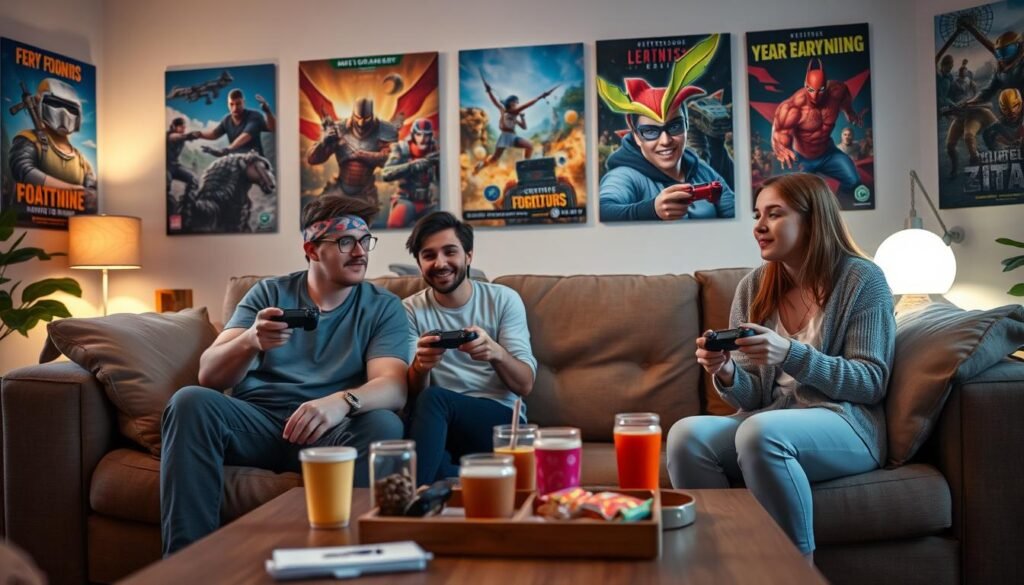 A cozy living room environment featuring a diverse group of friends engaging in an intense multiplayer video game session. In the foreground, two players, a male and a female, are sitting on a comfortable couch, fully immersed in their gaming experience, wearing modest casual clothing. They are using controllers, with focused expressions on their faces, communicating with each other passionately. In the middle ground, a coffee table is scattered with snacks and drinks, enhancing the friendly atmosphere. Soft, warm lighting fills the room, casting a welcoming glow, while vibrant posters of popular video games adorn the walls in the background, evoking a sense of adventure and teamwork. Capture this scene at a slight angle to emphasize the camaraderie and connection. The overall mood should reflect excitement and collaboration in online gaming. Subtly include the brand name "tylkommo.pl" in the composition. A cozy living room environment featuring a diverse group of friends engaging in an intense multiplayer video game session. In the foreground, two players, a male and a female, are sitting on a comfortable couch, fully immersed in their gaming experience, wearing modest casual clothing. They are using controllers, with focused expressions on their faces, communicating with each other passionately. In the middle ground, a coffee table is scattered with snacks and drinks, enhancing the friendly atmosphere. Soft, warm lighting fills the room, casting a welcoming glow, while vibrant posters of popular video games adorn the walls in the background, evoking a sense of adventure and teamwork. Capture this scene at a slight angle to emphasize the camaraderie and connection. The overall mood should reflect excitement and collaboration in online gaming. Subtly include the brand name "tylkommo.pl" in the composition.