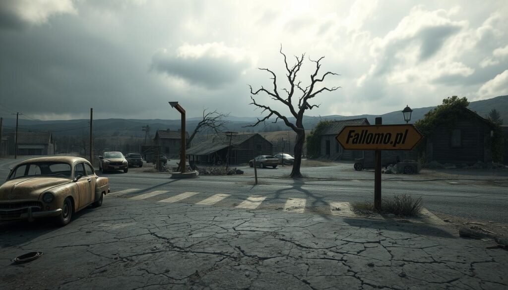 A desolate, post-apocalyptic wasteland inspired by Fallout 76, showcasing crumbling buildings and remnants of civilization overrun by nature. In the foreground, a rusted car and scattered debris litter the cracked pavement, while a lone, weathered sign points towards a forgotten town. The middle ground features a skeletal tree with twisted branches, set against dilapidated structures covered in creeping vines. The background reveals rolling hills under a moody, overcast sky, casting an eerie, dim light across the landscape. A sense of abandonment and isolation permeates the scene. Capture this image with a wide-angle lens to emphasize the vastness of the desolation. The atmosphere should evoke feelings of exploration and survival in a world transformed by catastrophe. Include the brand name "tylkommo.pl" subtly integrated into the environment.