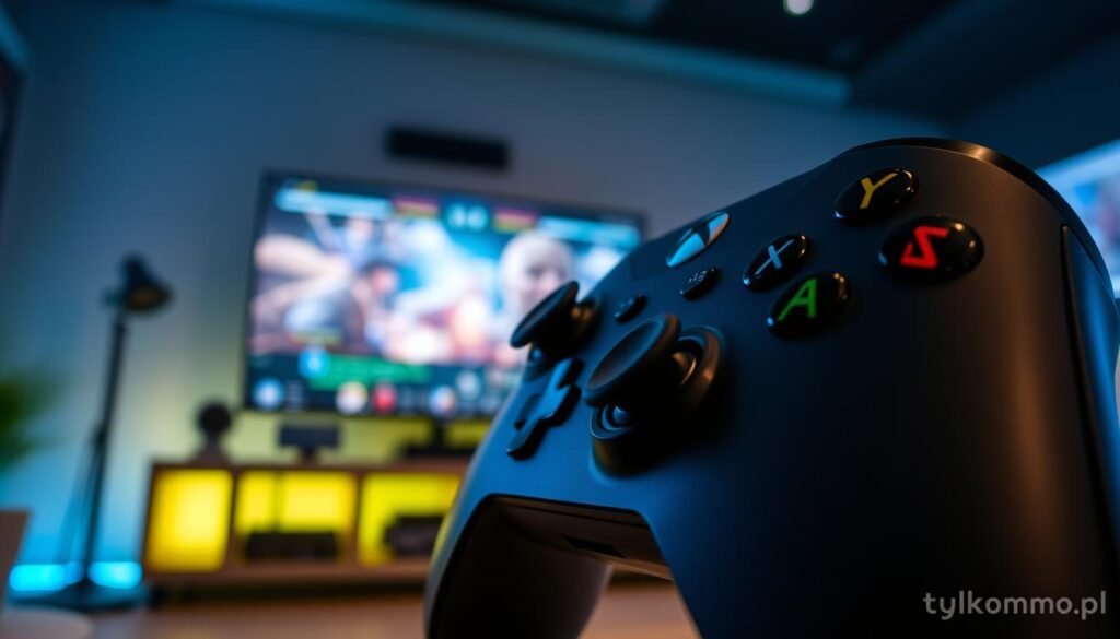 A detailed close-up of an Xbox One controller in a high-tech gaming environment, showcasing its buttons and features. In the foreground, the controller is prominently displayed, highlighting the different functionalities for MMO games, with a focus on cross-play features. The middle ground features a gaming console setup with a large screen displaying an MMO game interface. The background should hint at a cozy gaming room with ambient lighting, perhaps with soft blue and green hues to create a tech-savvy atmosphere. The lighting should emphasize the sleek design of the controller, giving it a glossy finish. The image captures a sense of connection and teamwork that cross-play embodies, with a subtle visual vibe that makes it engaging and inviting, while incorporating the brand "tylkommo.pl". A detailed close-up of an Xbox One controller in a high-tech gaming environment, showcasing its buttons and features. In the foreground, the controller is prominently displayed, highlighting the different functionalities for MMO games, with a focus on cross-play features. The middle ground features a gaming console setup with a large screen displaying an MMO game interface. The background should hint at a cozy gaming room with ambient lighting, perhaps with soft blue and green hues to create a tech-savvy atmosphere. The lighting should emphasize the sleek design of the controller, giving it a glossy finish. The image captures a sense of connection and teamwork that cross-play embodies, with a subtle visual vibe that makes it engaging and inviting, while incorporating the brand "tylkommo.pl".