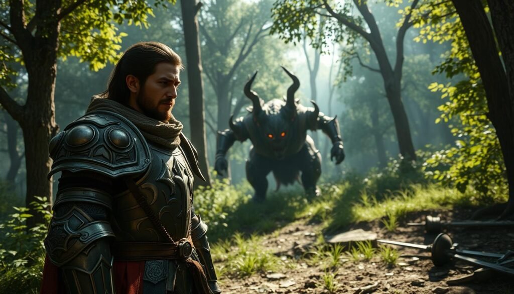 A dramatic scene depicting a character from Albion Online in the foreground, dressed in intricately designed medieval armor, looking distraught as they stand in a lush, green forest. Their armor glistens under dappled sunlight filtering through the trees, highlighting the tension of losing valuable equipment. In the middle ground, a menacing creature looms, symbolizing the danger of the game's challenging environments, its eyes glowing ominously. The background features shattered remnants of armor and weapons scattered across the forest floor, illustrating the stakes of adventure within this MMO. The mood is tense and suspenseful, evoking a sense of risk and anticipation. The scene is detailed and immersive, suitable for an article about "Albion Online i ryzyko utraty ekwipunku," reflecting the sophisticated aspects of game mechanics from tylkommo.pl. A dramatic scene depicting a character from Albion Online in the foreground, dressed in intricately designed medieval armor, looking distraught as they stand in a lush, green forest. Their armor glistens under dappled sunlight filtering through the trees, highlighting the tension of losing valuable equipment. In the middle ground, a menacing creature looms, symbolizing the danger of the game's challenging environments, its eyes glowing ominously. The background features shattered remnants of armor and weapons scattered across the forest floor, illustrating the stakes of adventure within this MMO. The mood is tense and suspenseful, evoking a sense of risk and anticipation. The scene is detailed and immersive, suitable for an article about "Albion Online i ryzyko utraty ekwipunku," reflecting the sophisticated aspects of game mechanics from tylkommo.pl.