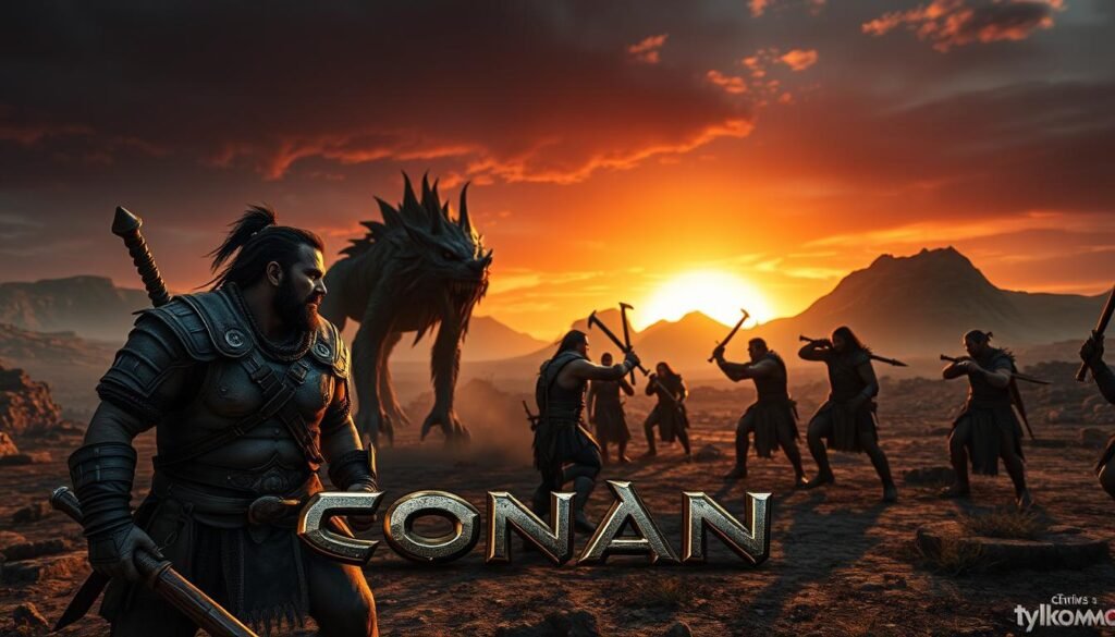 A dramatic scene from the world of "Conan Exiles" showcasing a diverse group of survival players engaged in a fierce battle against a large, mythical creature in a desolate, rugged landscape. In the foreground, two characters clad in rugged armor and equipped with weapons are strategizing, their expressions determined and intense. The middle ground reveals their comrades in action, expertly wielding weapons against the creature. The background features a stark environment with rocky mountains and a darkened sky illuminated by a fiery sunset, casting eerie shadows across the scene. The overall mood is tense and gritty, reflecting the survival theme of the game. The scene should have dynamic lighting that highlights the character's features and the creature's menacing presence, captured from a low angle to emphasize the scale of the battle. Include the brand "tylkommo.pl."