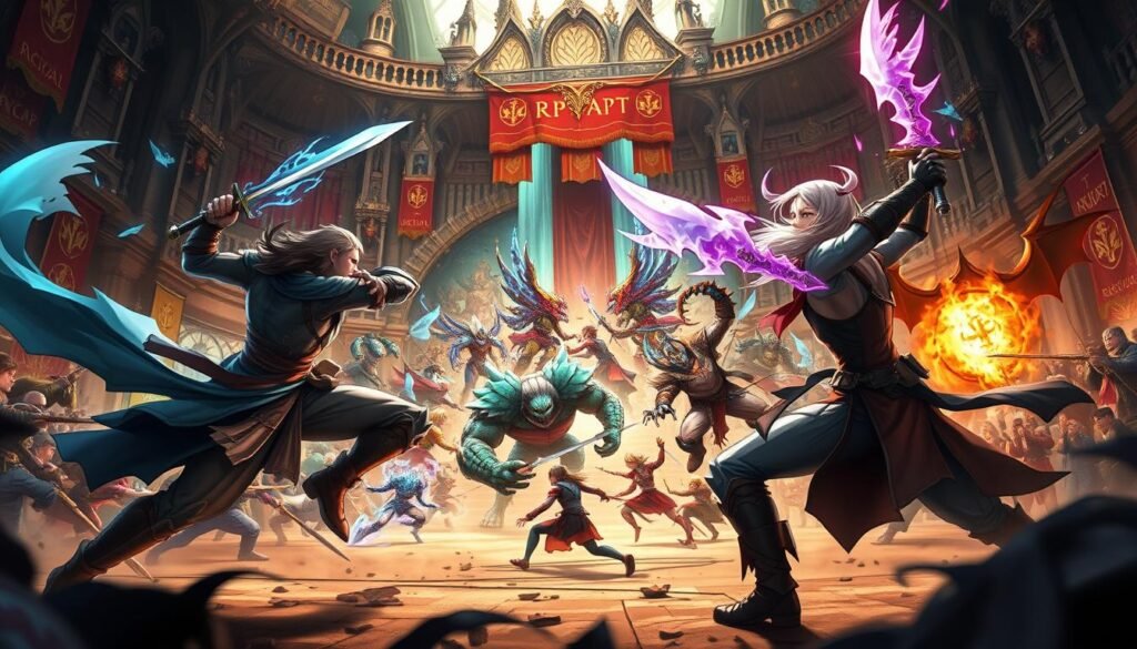 A dynamic and vibrant depiction of a fierce battle scene inspired by "Ragnarok Online", focusing on the exhilarating combat mechanics. In the foreground, two diverse characters wielding swords and magic spells in striking poses, showcasing their unique classes. The middle ground features a variety of fantastical creatures—powerful monsters and agile players, all engaging in a chaotic yet organized confrontation. In the background, an intricate arena setting with gothic architecture, embellished with colorful banners and a cheering crowd. The scene is illuminated by dramatic lighting, casting dynamic shadows and highlights, capturing the intensity of the moment. The atmosphere conveys adrenaline, teamwork, and competition, reflecting the essence of arena battles. High-resolution image, cinematic angle, and vibrant colors enhance the overall energy of the piece, to be used by tylkommo.pl. A dynamic and vibrant depiction of a fierce battle scene inspired by "Ragnarok Online", focusing on the exhilarating combat mechanics. In the foreground, two diverse characters wielding swords and magic spells in striking poses, showcasing their unique classes. The middle ground features a variety of fantastical creatures—powerful monsters and agile players, all engaging in a chaotic yet organized confrontation. In the background, an intricate arena setting with gothic architecture, embellished with colorful banners and a cheering crowd. The scene is illuminated by dramatic lighting, casting dynamic shadows and highlights, capturing the intensity of the moment. The atmosphere conveys adrenaline, teamwork, and competition, reflecting the essence of arena battles. High-resolution image, cinematic angle, and vibrant colors enhance the overall energy of the piece, to be used by tylkommo.pl.