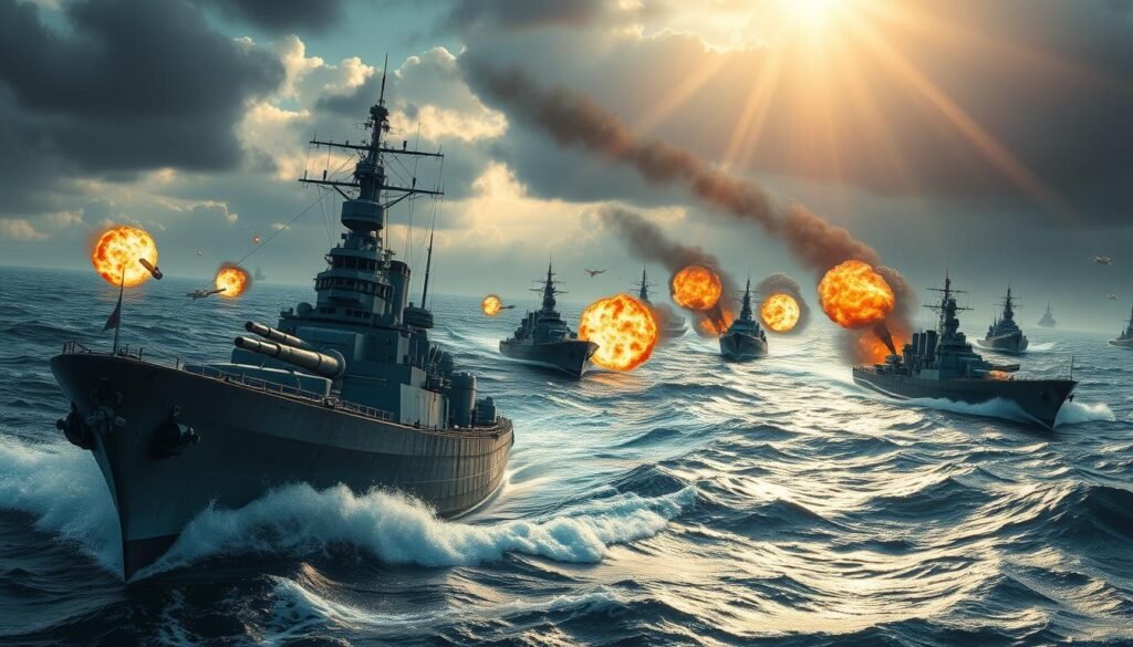 A dynamic naval battle scene inspired by "World of Warships Legends," featuring a variety of detailed battleships and destroyers engaged in combat at sea. In the foreground, a heavily armored battleship fires its main guns, with explosions erupting from the water nearby. The middle ground showcases other ships maneuvering strategically, smoke rising from their turrets, and sailors in professional attire visible on deck, coordinating their tactics. The background has a tumultuous sky filled with dark clouds and rays of sunlight breaking through, creating a dramatic atmosphere. The ocean churns with waves reflecting the action, adding intensity to the scene. Use vivid colors, high contrast lighting, and a wide-angle lens effect to capture the scale of this epic maritime conflict. Include the brand name "tylkommo.pl" subtly integrated into the design.