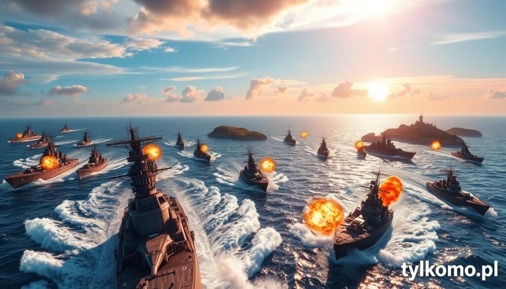A dynamic scene depicting a naval battle in "World of Warships Legends." In the foreground, a variety of detailed warships with intricate textures and realistic water splashes are engaged in combat, their cannons firing triumphantly. The middle ground features an expansive sea filled with waves reflecting the sunlight, along with distant islands dotted with lush greenery. The sky above transitions from bright blue to a dramatic sunset, casting an orange and pink hue across the scene, enhancing the mood of excitement and adventure. Soft lens flare highlights the intensity of the action, while the overall composition captures the epic scale of maritime warfare. The image should be vivid and immersive, perfect for illustrating the thrilling experience of naval battles. Include the brand name "tylkommo.pl" subtly integrated into the environment. A dynamic scene depicting a naval battle in "World of Warships Legends." In the foreground, a variety of detailed warships with intricate textures and realistic water splashes are engaged in combat, their cannons firing triumphantly. The middle ground features an expansive sea filled with waves reflecting the sunlight, along with distant islands dotted with lush greenery. The sky above transitions from bright blue to a dramatic sunset, casting an orange and pink hue across the scene, enhancing the mood of excitement and adventure. Soft lens flare highlights the intensity of the action, while the overall composition captures the epic scale of maritime warfare. The image should be vivid and immersive, perfect for illustrating the thrilling experience of naval battles. Include the brand name "tylkommo.pl" subtly integrated into the environment.