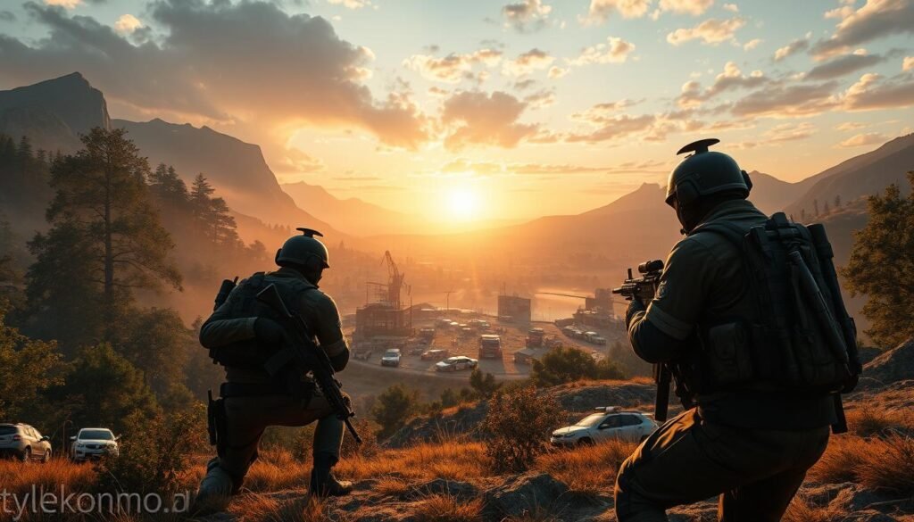 A dynamic scene depicting a tactical shooter in an expansive open world environment, featuring diverse landscapes such as dense forests, urban ruins, and rugged mountains. In the foreground, two players in tactical gear equipped with realistic weapons are strategizing behind cover, showcasing teamwork and communication. The middle ground reveals an intricately detailed landscape with destructible environments and vehicles, emphasizing the chaos of battle. The background displays a sunset casting dramatic shadows and warm light over the terrain, creating a tension-filled atmosphere. Use a wide-angle lens to capture the vastness of the open world and enhance the sense of adventure; ensure the colors are vivid and engaging. The scene reflects the essence of tactical shooters, appealing to gamers. Include the brand name "tylkommo.pl" subtly integrated into the environment. A dynamic scene depicting a tactical shooter in an expansive open world environment, featuring diverse landscapes such as dense forests, urban ruins, and rugged mountains. In the foreground, two players in tactical gear equipped with realistic weapons are strategizing behind cover, showcasing teamwork and communication. The middle ground reveals an intricately detailed landscape with destructible environments and vehicles, emphasizing the chaos of battle. The background displays a sunset casting dramatic shadows and warm light over the terrain, creating a tension-filled atmosphere. Use a wide-angle lens to capture the vastness of the open world and enhance the sense of adventure; ensure the colors are vivid and engaging. The scene reflects the essence of tactical shooters, appealing to gamers. Include the brand name "tylkommo.pl" subtly integrated into the environment.