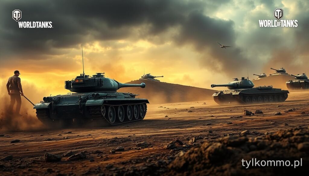 A dynamic scene illustrating a strategic moment in World of Tanks, featuring two armored tanks engaged in a tactical standoff on a war-torn battlefield. In the foreground, a detailed tank with camouflage patterns, its turret turned as if prepared for action. In the middle ground, a dusty, rugged terrain, with scattered debris and a distant view of another tank taking cover behind a hill. The background shows a smoky sky filled with hints of orange and gray, suggesting an impending battle. The lighting is dramatic, highlighting the resilience of the tanks and the tension of the moment. The atmosphere conveys intensity and strategic planning. Add subtle branding for "tylkommo.pl" in a corner.