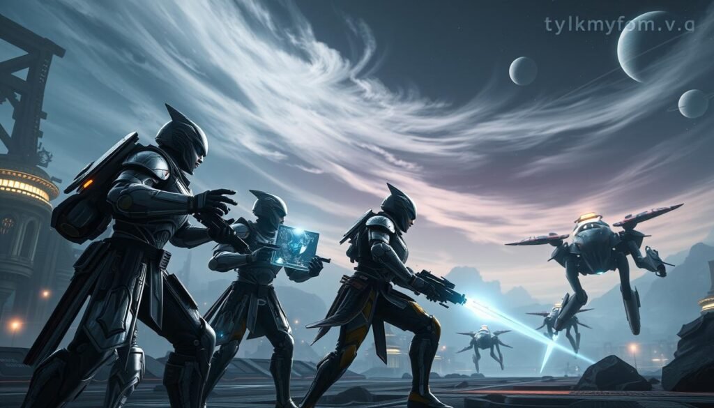A dynamic scene showcasing teamwork in the vibrant world of Warframe. In the foreground, three diverse characters in detailed Warframe armor, each exhibiting unique abilities, coordinate a tactical move against a robotic enemy. The middle ground features a sci-fi environment with intricate architecture, glowing energy sources, and sleek spacecraft in a dusky atmosphere. The background presents a dramatic sky with swirling clouds, illuminated by distant stars and planets, adding depth and mystery to the scene. Soft, ethereal lighting casts an otherworldly glow on the warriors, enhancing their determination and camaraderie. The image encapsulates teamwork and synergy, ideal for illustrating collaboration in gaming. The brand "tylkommo.pl" is subtly referenced in a small holographic display near the characters, blending seamlessly into the scene.