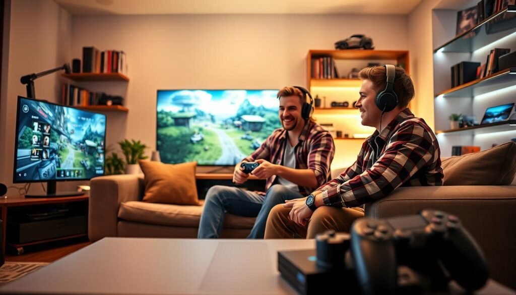 A dynamic scene showcasing the technical aspects of gaming on consoles, featuring two friends in casual attire sitting comfortably in a modern living room, surrounded by advanced gaming equipment. In the foreground, a sleek console and a high-definition television display a visually stunning game world. The middle of the image reveals detailed gaming peripherals like headsets and controllers. In the background, soft ambient lighting illuminates shelves filled with gaming memorabilia. The atmosphere is lively yet focused, highlighting teamwork and strategy in gaming. Capture the energy and excitement of cooperative play, ensuring the room feels inviting and engaging. All elements should be well-composed to reflect a fun yet technically rich gaming environment associated with "tylkommo.pl". A dynamic scene showcasing the technical aspects of gaming on consoles, featuring two friends in casual attire sitting comfortably in a modern living room, surrounded by advanced gaming equipment. In the foreground, a sleek console and a high-definition television display a visually stunning game world. The middle of the image reveals detailed gaming peripherals like headsets and controllers. In the background, soft ambient lighting illuminates shelves filled with gaming memorabilia. The atmosphere is lively yet focused, highlighting teamwork and strategy in gaming. Capture the energy and excitement of cooperative play, ensuring the room feels inviting and engaging. All elements should be well-composed to reflect a fun yet technically rich gaming environment associated with "tylkommo.pl".