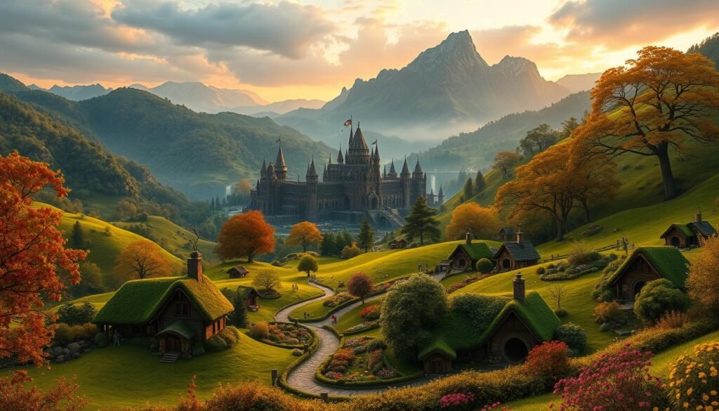 A panoramic view of Middle-earth from the "Lord of the Rings Online," capturing the enchanting landscape of the Shire with its rolling green hills, cozy hobbit holes, and colorful gardens in the foreground. In the middle ground, depict a majestic elven city with intricate architecture, shimmering waterfalls, and lush trees that blend into the vibrant foliage. The background should showcase the towering peaks of the Misty Mountains, bathed in soft twilight lighting, creating an atmosphere of adventure and mystery. Use a wide-angle lens perspective to enhance depth and invite the viewer into this mythical world. The overall mood should be one of wonder and serenity, ideal for illustrating the immersive experience of adventuring in this iconic realm. Tylkommo.pl. A panoramic view of Middle-earth from the "Lord of the Rings Online," capturing the enchanting landscape of the Shire with its rolling green hills, cozy hobbit holes, and colorful gardens in the foreground. In the middle ground, depict a majestic elven city with intricate architecture, shimmering waterfalls, and lush trees that blend into the vibrant foliage. The background should showcase the towering peaks of the Misty Mountains, bathed in soft twilight lighting, creating an atmosphere of adventure and mystery. Use a wide-angle lens perspective to enhance depth and invite the viewer into this mythical world. The overall mood should be one of wonder and serenity, ideal for illustrating the immersive experience of adventuring in this iconic realm. Tylkommo.pl.