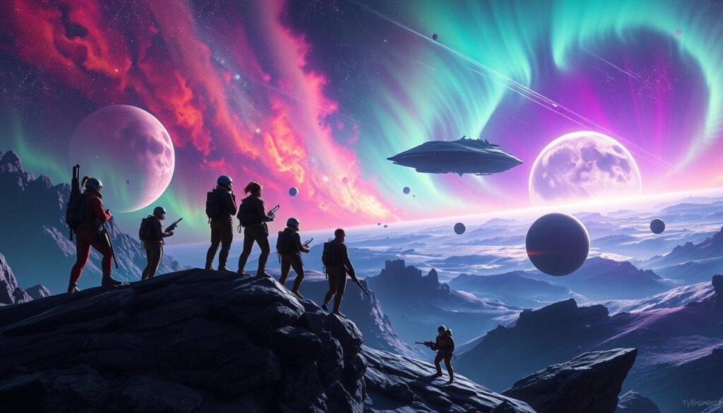 A stunning cosmic adventure scene, showcasing a vibrant, alien landscape filled with colorful nebulae and distant planets. In the foreground, a team of diverse, heroic characters in modest space gear, ready for action, equipped with futuristic weapons. They stand bravely on a rocky outcrop, gazing out towards a colossal, pulsating spaceship hovering above a swirling vortex of stars. The middle ground depicts floating debris and distant asteroid fields, while the background features a spectacular aurora illuminating the night sky with hues of green and purple. Soft, ethereal lighting bathes the scene, creating a sense of wonder and urgency, capturing the mood of excitement and exploration. The image should reflect the epic theme of "Kosmiczne przygody" in a dynamic and engaging composition. Created for tylkommo.pl. A stunning cosmic adventure scene, showcasing a vibrant, alien landscape filled with colorful nebulae and distant planets. In the foreground, a team of diverse, heroic characters in modest space gear, ready for action, equipped with futuristic weapons. They stand bravely on a rocky outcrop, gazing out towards a colossal, pulsating spaceship hovering above a swirling vortex of stars. The middle ground depicts floating debris and distant asteroid fields, while the background features a spectacular aurora illuminating the night sky with hues of green and purple. Soft, ethereal lighting bathes the scene, creating a sense of wonder and urgency, capturing the mood of excitement and exploration. The image should reflect the epic theme of "Kosmiczne przygody" in a dynamic and engaging composition. Created for tylkommo.pl.