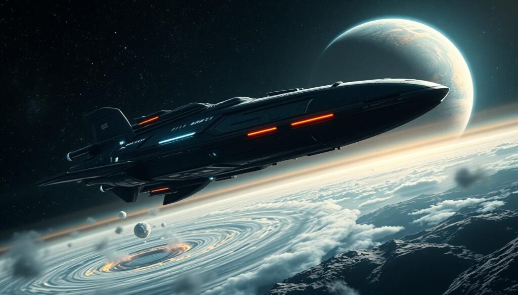 A stunning cosmic scene depicting a massive spaceship from "Elite Dangerous" in the foreground, gleaming with metallic details and illuminated by soft blue and orange lights. The ship hovers above a swirling nebula, creating a sense of exploration and adventure. In the middle ground, an expansive view of a distant alien planet can be seen, showcasing rugged terrain and swirling clouds, hinting at the mysteries waiting to be discovered. The background features an awe-inspiring starry sky filled with twinkling stars and distant galaxies, adding depth and a sense of scale to the image. The overall mood is one of intrigue and grandeur, emphasizing the vastness of space. Soft lighting enhances the atmosphere, while the focal length captures the majestic essence of space travel. Tylkommo.pl