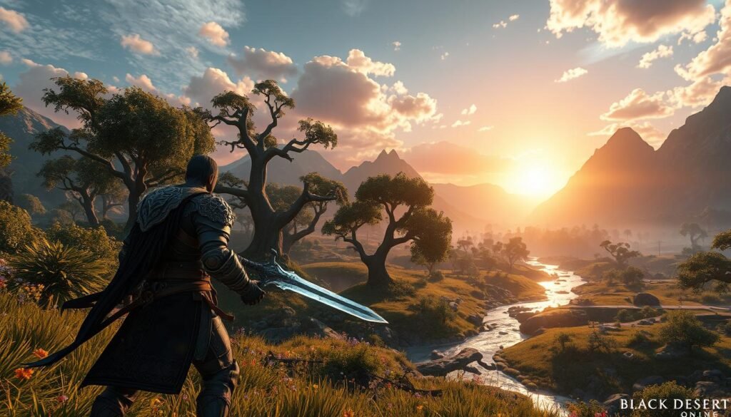 A stunning, immersive scene from "Black Desert Online," showcasing the vast open-world setting. In the foreground, a skilled warrior in intricately designed armor prepares for battle, ethereal sword glowing with magic. The middle ground features lush greenery, towering ancient trees, and a shimmering river, dotted with small wildlife and vibrant flowers. In the background, dramatic mountains stretch under a vivid sunset sky, casting warm golden light across the landscape. The atmosphere is filled with a sense of adventure and exploration. Capture this intricate fantasy world with a wide-angle lens to convey depth and grandeur, emphasizing vibrant colors and fine details, emphasizing the engaging gameplay experience of "Black Desert Online." Brand name: tylkommo.pl. A stunning, immersive scene from "Black Desert Online," showcasing the vast open-world setting. In the foreground, a skilled warrior in intricately designed armor prepares for battle, ethereal sword glowing with magic. The middle ground features lush greenery, towering ancient trees, and a shimmering river, dotted with small wildlife and vibrant flowers. In the background, dramatic mountains stretch under a vivid sunset sky, casting warm golden light across the landscape. The atmosphere is filled with a sense of adventure and exploration. Capture this intricate fantasy world with a wide-angle lens to convey depth and grandeur, emphasizing vibrant colors and fine details, emphasizing the engaging gameplay experience of "Black Desert Online." Brand name: tylkommo.pl.