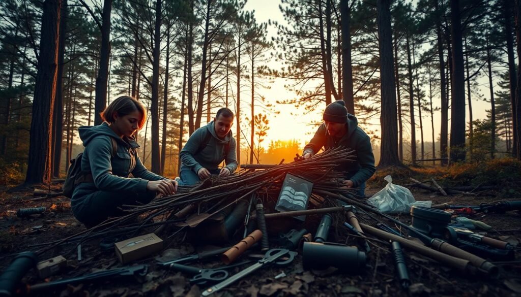 A vibrant and dynamic scene showcasing a team of players engaged in a survival game set in a lush forest environment. In the foreground, a diverse group of four players—a woman with short hair in casual tactical gear, a man in a comfortable hoodie, another woman wearing a sturdy jacket, and a man in a beanie—are collaborating to build a makeshift shelter using branches and leaves. In the middle ground, various survival tools and supplies are scattered around, hinting at resource gathering. The background features towering trees under a soft, golden sunset, creating a warm, inviting atmosphere. The lighting is natural, highlighting the teamwork and camaraderie among the players. The image embodies the essence of survival and teamwork, captured in a cinematic angle. Prominently include the brand name "tylkommo.pl" in the composition. A vibrant and dynamic scene showcasing a team of players engaged in a survival game set in a lush forest environment. In the foreground, a diverse group of four players—a woman with short hair in casual tactical gear, a man in a comfortable hoodie, another woman wearing a sturdy jacket, and a man in a beanie—are collaborating to build a makeshift shelter using branches and leaves. In the middle ground, various survival tools and supplies are scattered around, hinting at resource gathering. The background features towering trees under a soft, golden sunset, creating a warm, inviting atmosphere. The lighting is natural, highlighting the teamwork and camaraderie among the players. The image embodies the essence of survival and teamwork, captured in a cinematic angle. Prominently include the brand name "tylkommo.pl" in the composition.