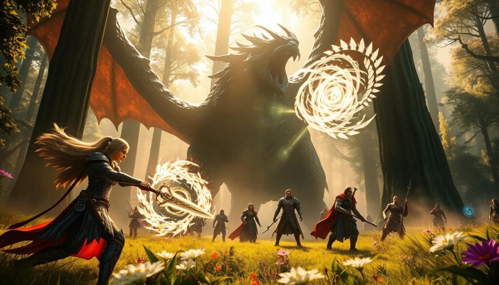 A vibrant and immersive scene inspired by "Guild Wars 2," featuring a heroic female warrior and a mystical male mage engaged in an epic battle against a colossal, shadowy dragon in a lush, enchanted forest. In the foreground, the warrior is clad in intricately designed armor, brandishing a glowing sword, while the mage conjures a swirling storm of magical energy, surrounded by glowing runes. In the middle ground, a diverse group of adventurers, including a ranger and an elementalist, prepare for the confrontation, showcasing their unique attire and weapons. The background reveals towering trees and fantastical flora bathed in ethereal light, creating a sense of wonder and danger. The light is warm and dynamic, with a focus on the clash of light and shadow, set at a dramatic angle that conveys action and urgency. The overall mood is exhilarating and heroic, encapsulating the essence of a world teeming with exploration and adventure. tylkommo.pl A vibrant and immersive scene inspired by "Guild Wars 2," featuring a heroic female warrior and a mystical male mage engaged in an epic battle against a colossal, shadowy dragon in a lush, enchanted forest. In the foreground, the warrior is clad in intricately designed armor, brandishing a glowing sword, while the mage conjures a swirling storm of magical energy, surrounded by glowing runes. In the middle ground, a diverse group of adventurers, including a ranger and an elementalist, prepare for the confrontation, showcasing their unique attire and weapons. The background reveals towering trees and fantastical flora bathed in ethereal light, creating a sense of wonder and danger. The light is warm and dynamic, with a focus on the clash of light and shadow, set at a dramatic angle that conveys action and urgency. The overall mood is exhilarating and heroic, encapsulating the essence of a world teeming with exploration and adventure. tylkommo.pl