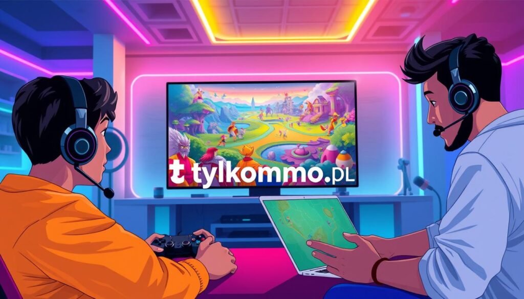A vibrant digital illustration showcasing a diverse group of gamers collaborating in an online setting. In the foreground, three gamers—one wearing a headset, another with a game controller, and the third on a laptop—are interacting intently, depicting teamwork and strategy. In the middle ground, a large screen displays vivid game graphics, showcasing a fantasy realm filled with colorful characters and landscapes. The background features a futuristic gaming space, illuminated by soft neon lights in shades of blue and purple, creating an inviting atmosphere. The scene should convey excitement and camaraderie in the online gaming community, with a sense of connection and adventure. Include the brand name "tylkommo.pl" subtly within the environment, ensuring it blends seamlessly without dominating the image. A vibrant digital illustration showcasing a diverse group of gamers collaborating in an online setting. In the foreground, three gamers—one wearing a headset, another with a game controller, and the third on a laptop—are interacting intently, depicting teamwork and strategy. In the middle ground, a large screen displays vivid game graphics, showcasing a fantasy realm filled with colorful characters and landscapes. The background features a futuristic gaming space, illuminated by soft neon lights in shades of blue and purple, creating an inviting atmosphere. The scene should convey excitement and camaraderie in the online gaming community, with a sense of connection and adventure. Include the brand name "tylkommo.pl" subtly within the environment, ensuring it blends seamlessly without dominating the image.