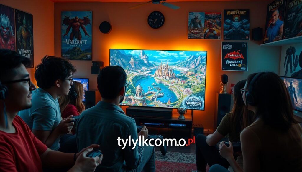 A vibrant scene depicting a diverse group of gamers engaged in an immersive epic multiplayer online game on a console. In the foreground, focused individuals, dressed in casual yet neat attire, are holding game controllers, their expressions reflecting excitement and concentration. The middle ground features a large television screen showcasing an expansive fantasy world filled with stunning landscapes, mythical creatures, and bustling towns. In the background, warm ambient lighting softly illuminates a cozy gaming room filled with gaming paraphernalia, posters of popular MMOs, and gaming consoles arranged on shelves. The atmosphere is lively yet relaxed, embodying the joy of online gaming. The logo "tylkommo.pl" is subtly integrated into the scene, perhaps on a gaming trophy or poster, emphasizing its connection to MMO gaming. A vibrant scene depicting a diverse group of gamers engaged in an immersive epic multiplayer online game on a console. In the foreground, focused individuals, dressed in casual yet neat attire, are holding game controllers, their expressions reflecting excitement and concentration. The middle ground features a large television screen showcasing an expansive fantasy world filled with stunning landscapes, mythical creatures, and bustling towns. In the background, warm ambient lighting softly illuminates a cozy gaming room filled with gaming paraphernalia, posters of popular MMOs, and gaming consoles arranged on shelves. The atmosphere is lively yet relaxed, embodying the joy of online gaming. The logo "tylkommo.pl" is subtly integrated into the scene, perhaps on a gaming trophy or poster, emphasizing its connection to MMO gaming.