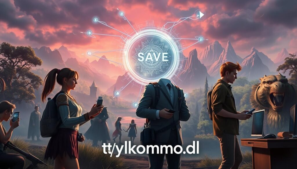 A vivid scene depicting an epic fantasy MMORPG setting with a focus on the concept of cross-save functionality. In the foreground, showcase a diverse group of players, including a female gamer in casual clothing and a male player in professional attire, engaging with their consoles and PCs, exemplifying teamwork. The middle ground features a fantastical landscape, with lush forests and towering mountains, reflecting the rich environments of MMOs. In the background, depict a glowing portal symbolizing the cross-save feature, with digital elements like flowing data streams connecting devices. Use soft, dynamic lighting to create a collaborative and adventurous atmosphere. Capture the essence of community and progress in gaming, showing the excitement of sharing achievements across platforms. Incorporate the brand name "tylkommo.pl" subtly into the design. A vivid scene depicting an epic fantasy MMORPG setting with a focus on the concept of cross-save functionality. In the foreground, showcase a diverse group of players, including a female gamer in casual clothing and a male player in professional attire, engaging with their consoles and PCs, exemplifying teamwork. The middle ground features a fantastical landscape, with lush forests and towering mountains, reflecting the rich environments of MMOs. In the background, depict a glowing portal symbolizing the cross-save feature, with digital elements like flowing data streams connecting devices. Use soft, dynamic lighting to create a collaborative and adventurous atmosphere. Capture the essence of community and progress in gaming, showing the excitement of sharing achievements across platforms. Incorporate the brand name "tylkommo.pl" subtly into the design.