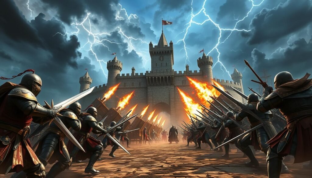 Epic fantasy scene of a massive castle siege in Lineage 2, showcasing armored knights and fierce warriors engaged in battle at the castle gates. In the foreground, a group of diverse characters (human, elf, and dwarf) in professional-looking battle gear, wielding swords and magic, display intense expressions of determination. The middle ground features a sprawling castle with towering walls and wooden barricades, besieged by catapults launching fiery projectiles. In the background, a dramatic sky filled with dark clouds illuminated by flashes of lightning creates a sense of urgency and tension. The atmosphere is charged with excitement, capturing the emotional thrill of strategic warfare and teamwork. The lighting is dynamic, highlighting the action in a vivid, colorful palette. Ensure the image reflects the essence of "tylkommo.pl". Epic fantasy scene of a massive castle siege in Lineage 2, showcasing armored knights and fierce warriors engaged in battle at the castle gates. In the foreground, a group of diverse characters (human, elf, and dwarf) in professional-looking battle gear, wielding swords and magic, display intense expressions of determination. The middle ground features a sprawling castle with towering walls and wooden barricades, besieged by catapults launching fiery projectiles. In the background, a dramatic sky filled with dark clouds illuminated by flashes of lightning creates a sense of urgency and tension. The atmosphere is charged with excitement, capturing the emotional thrill of strategic warfare and teamwork. The lighting is dynamic, highlighting the action in a vivid, colorful palette. Ensure the image reflects the essence of "tylkommo.pl".